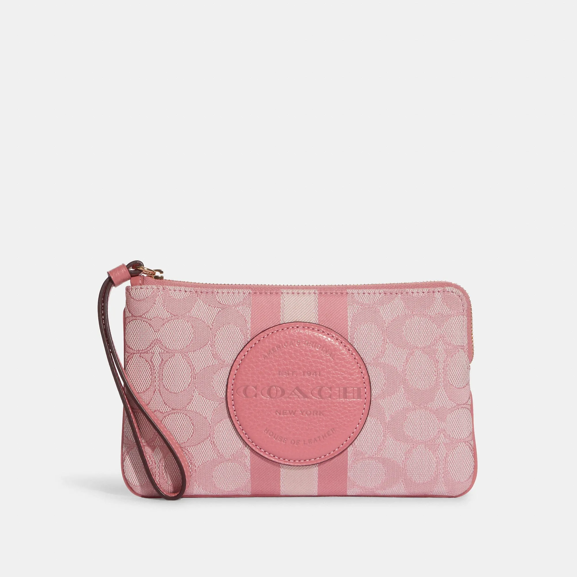 Coach Outlet Dempsey Large Corner Zip Wristlet In Signature Jacquard With Stripe And Coach Patch