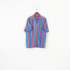 Creation Speier Men L Casual Shirt Multi Color Striped Cotton  Summer Short Sleeve Vintage Top