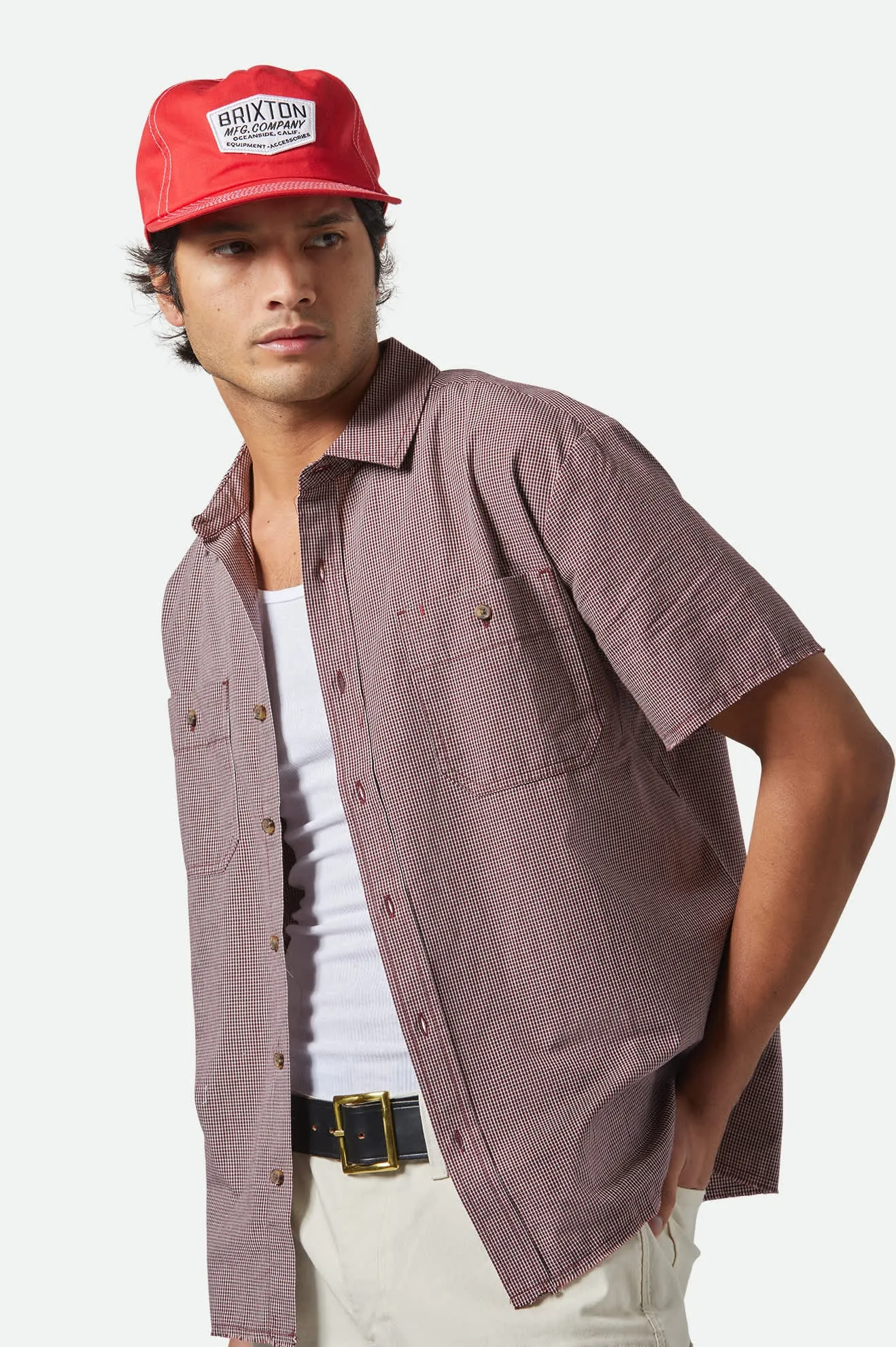 CRU Micro Plaid Relaxed S/S Shirt - Cordovan Red Micro Plaid Brixton