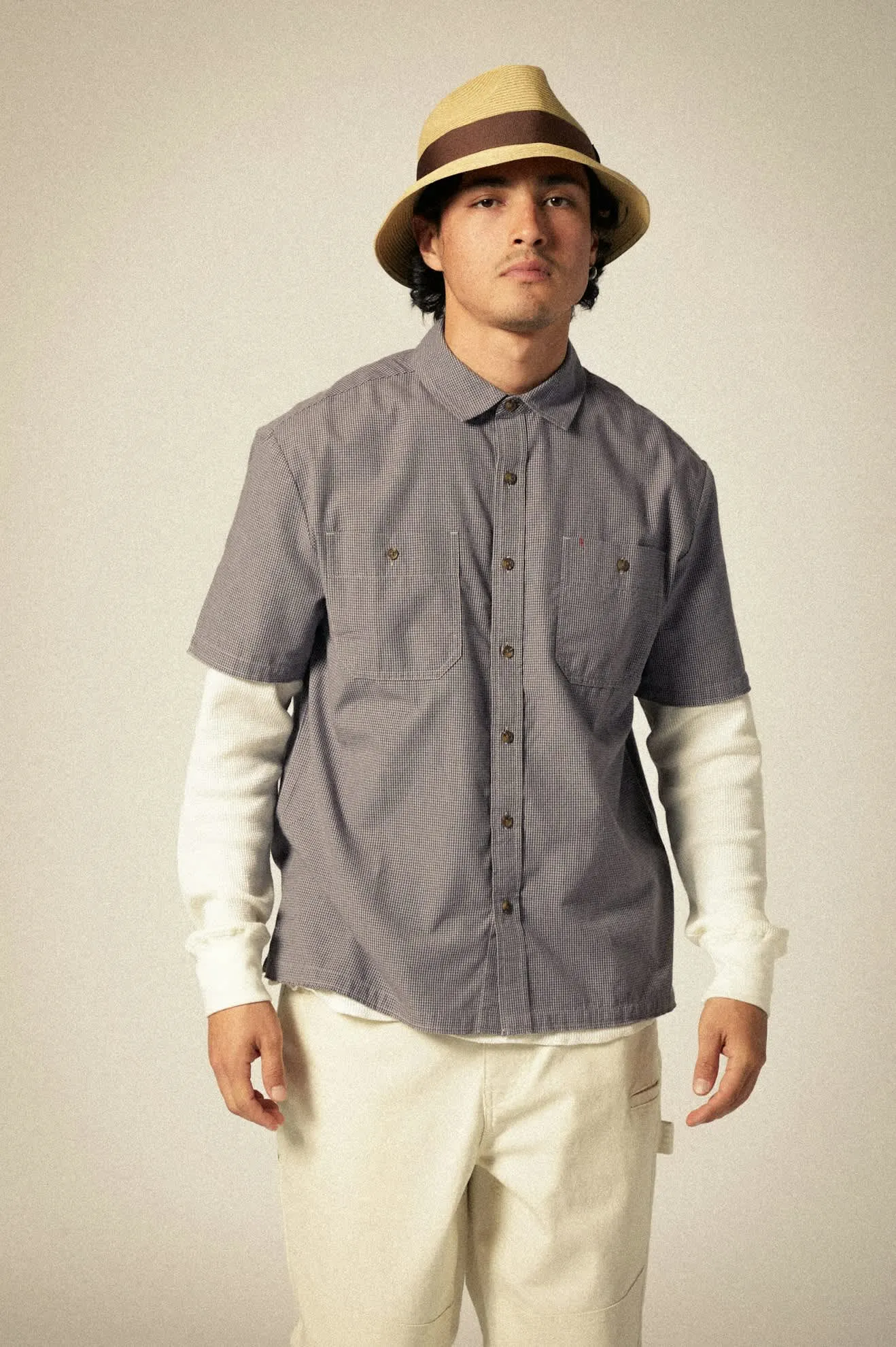 CRU Micro Plaid Relaxed S/S Shirt - Washed Navy Micro Plaid Brixton