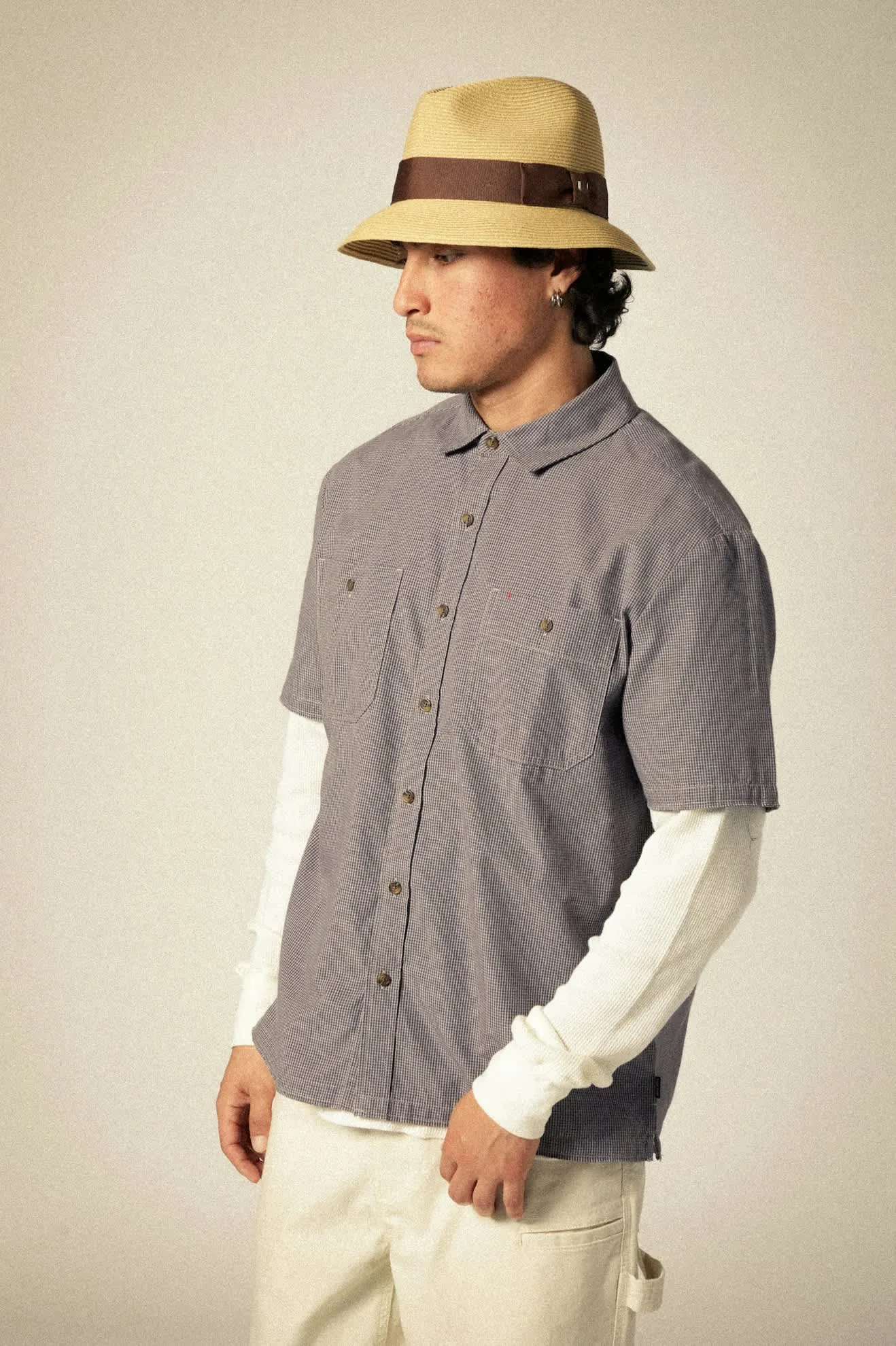 CRU Micro Plaid Relaxed S/S Shirt - Washed Navy Micro Plaid Brixton