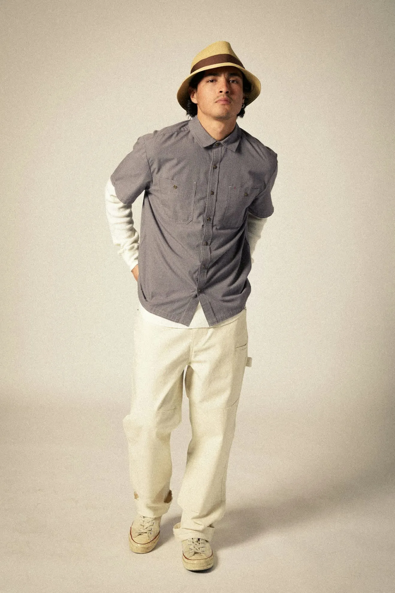 CRU Micro Plaid Relaxed S/S Shirt - Washed Navy Micro Plaid Brixton