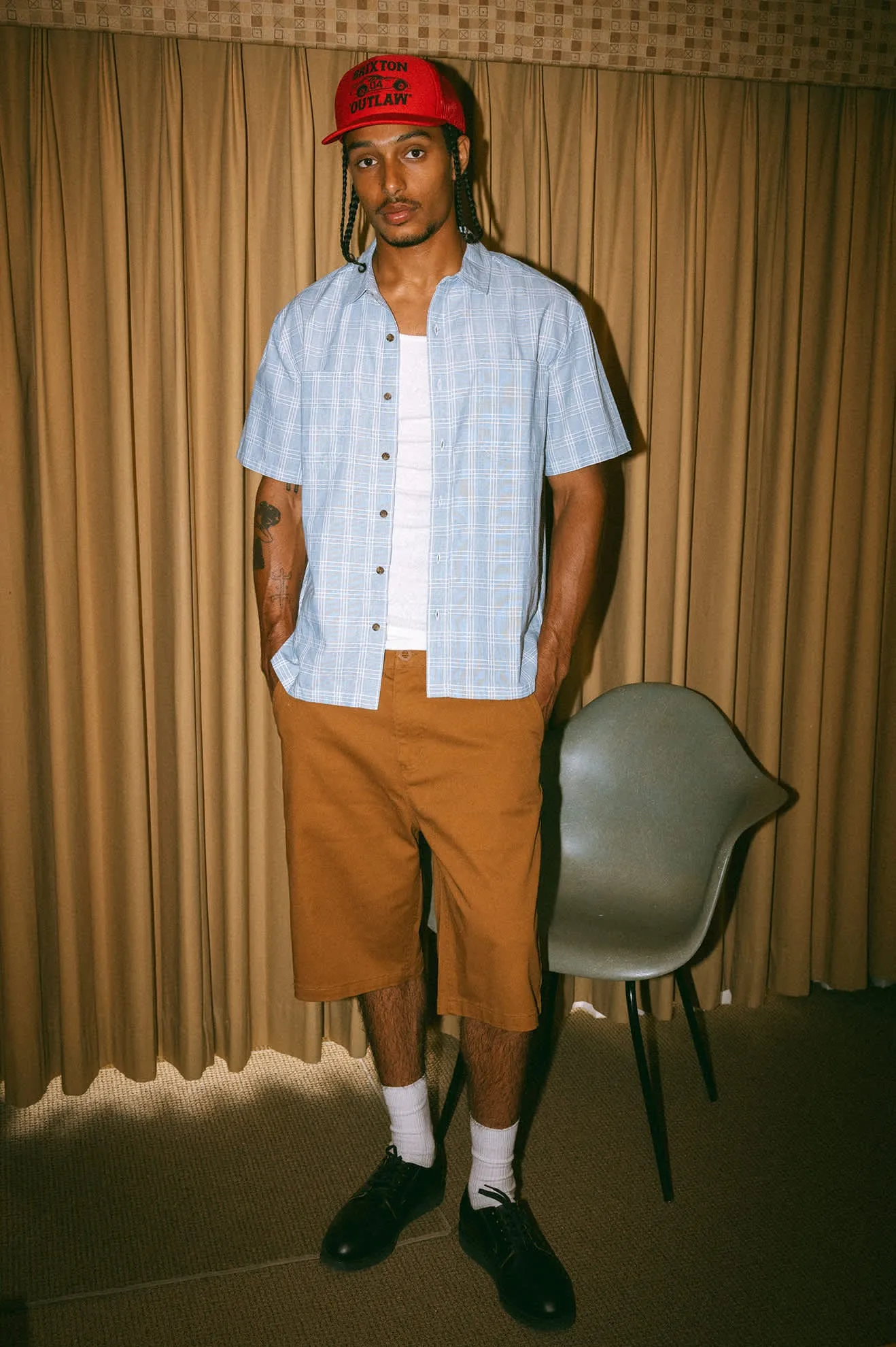 CRU Oxford Plaid Relaxed S/S Shirt - Light Blue/White Plaid Brixton