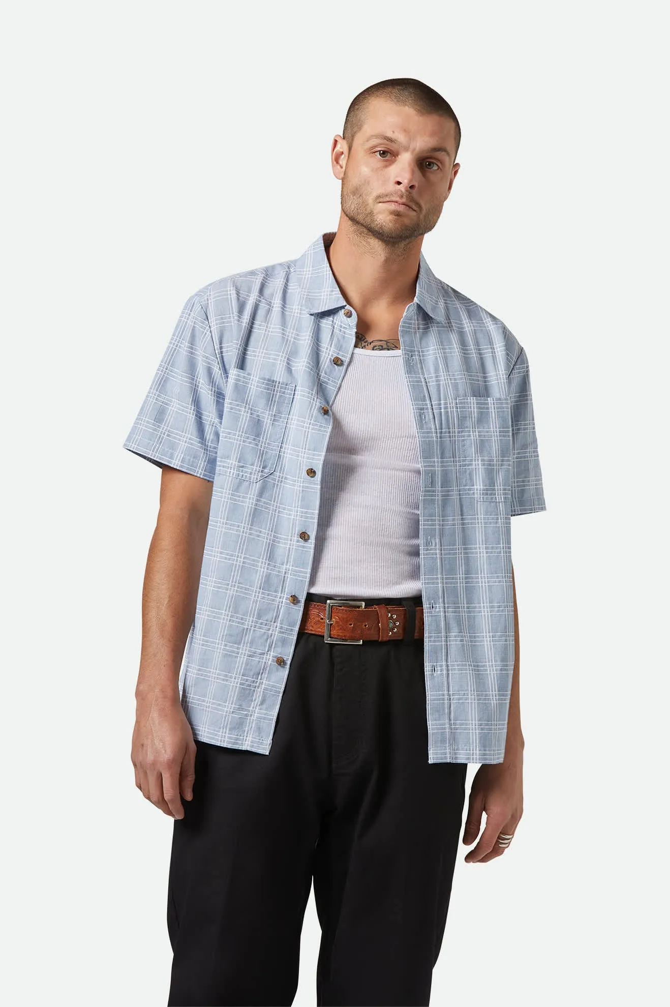 CRU Oxford Plaid Relaxed S/S Shirt - Light Blue/White Plaid Brixton