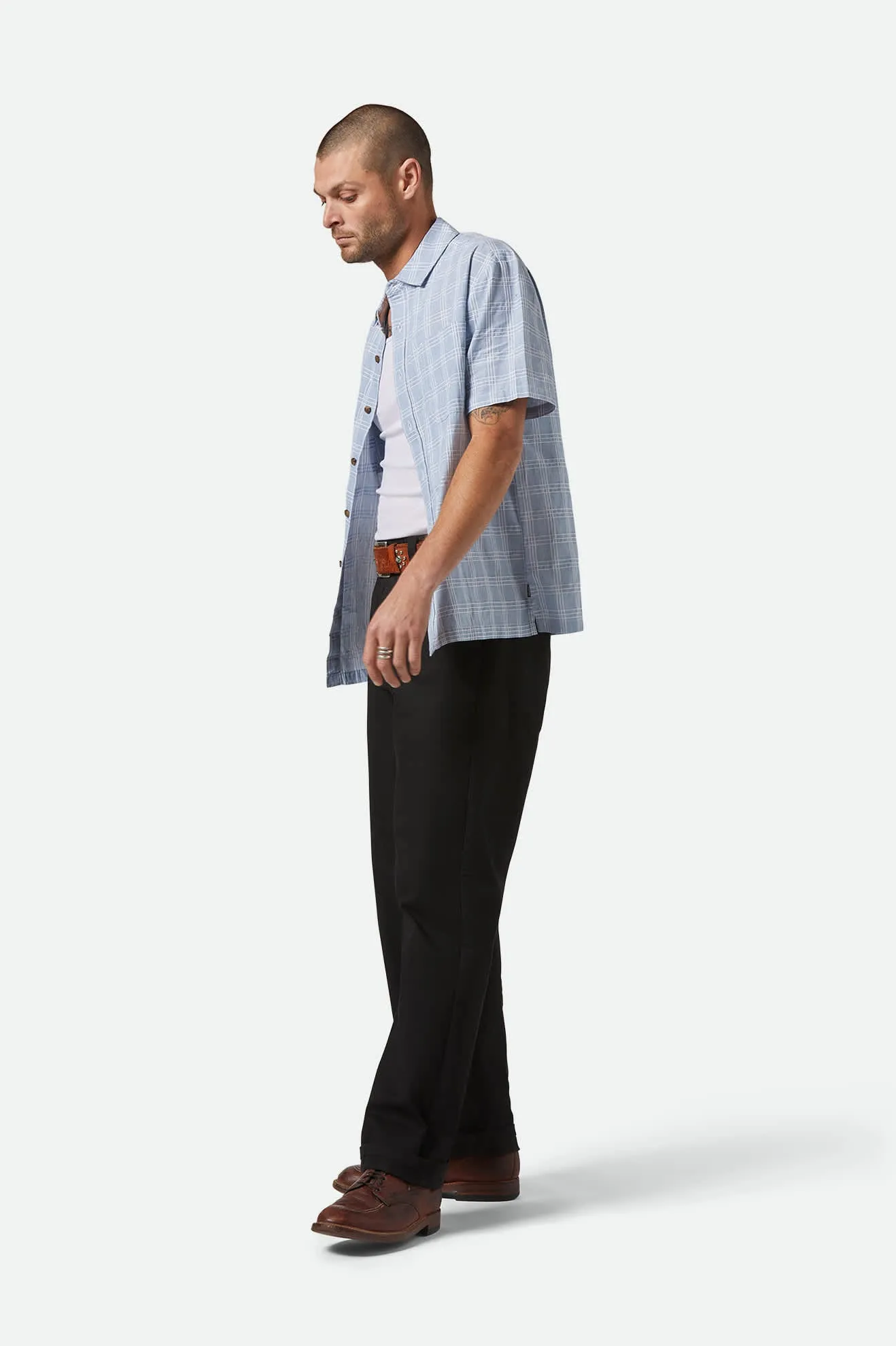 CRU Oxford Plaid Relaxed S/S Shirt - Light Blue/White Plaid Brixton