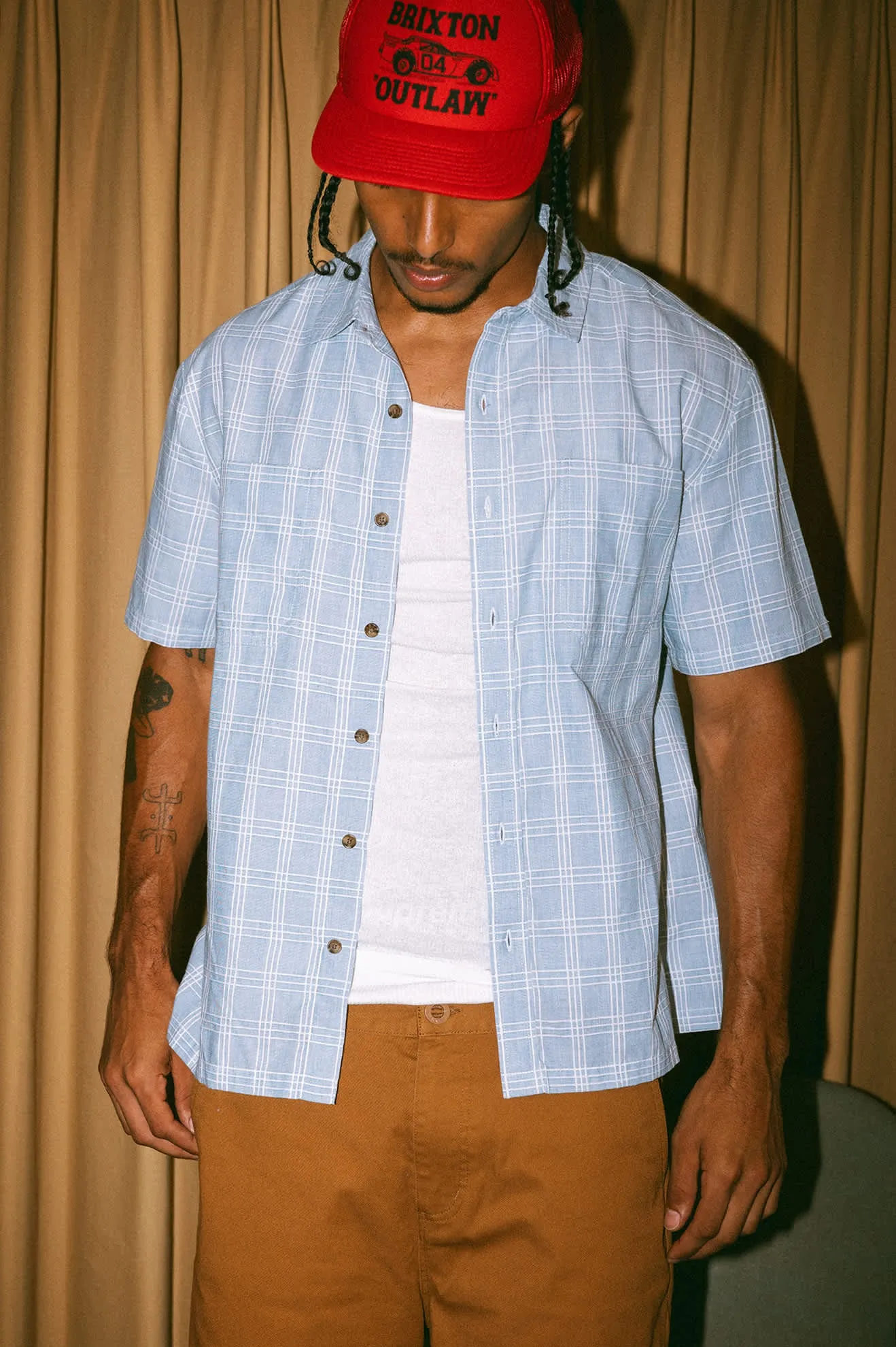 CRU Oxford Plaid Relaxed S/S Shirt - Light Blue/White Plaid Brixton