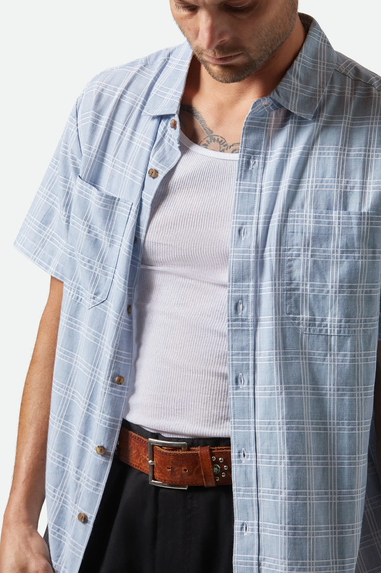 CRU Oxford Plaid Relaxed S/S Shirt - Light Blue/White Plaid Brixton