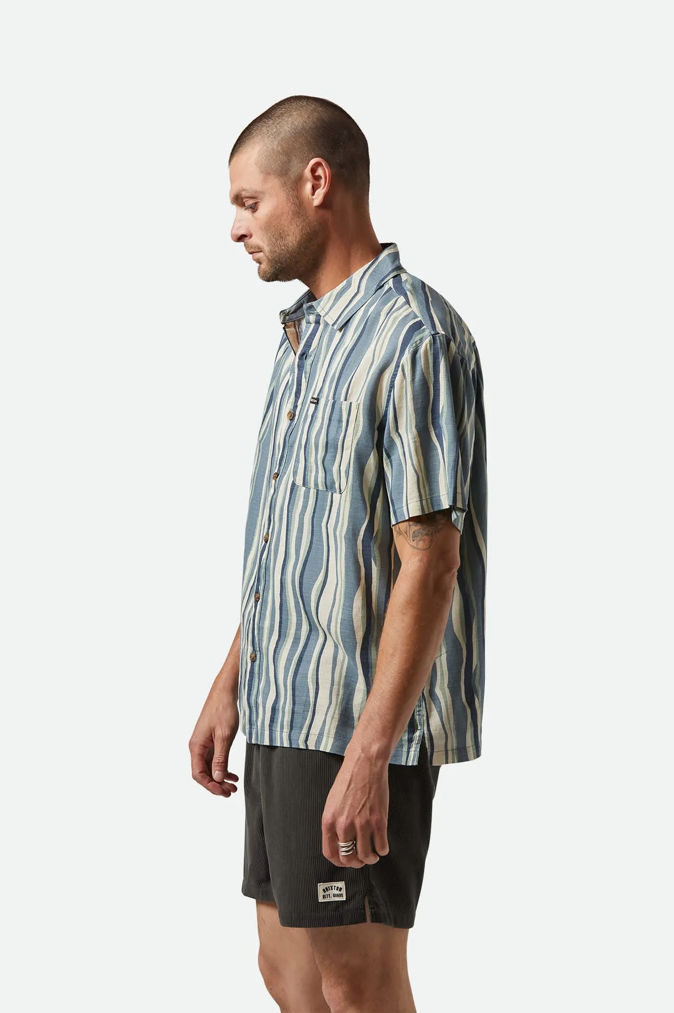 CRU Slub Relaxed S/S Shirt - Basalt Blue/Painterly Stripe Brixton