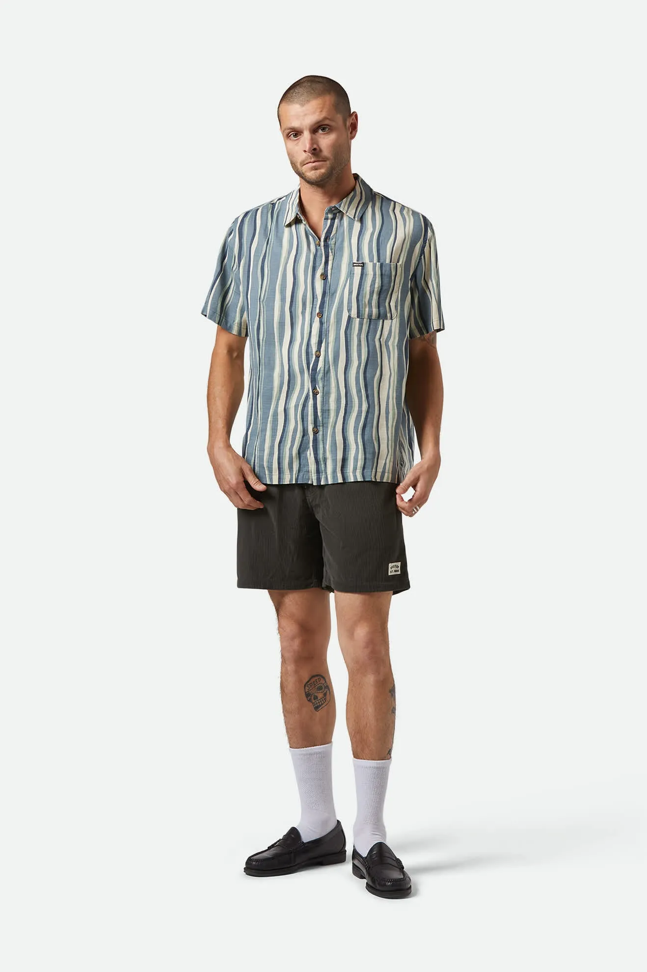 CRU Slub Relaxed S/S Shirt - Basalt Blue/Painterly Stripe Brixton