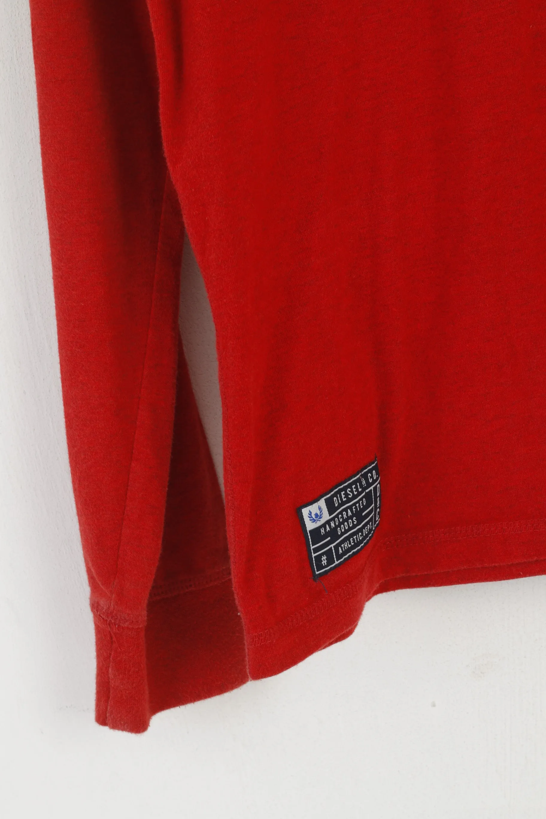 Diesel Men L Long Sleeved Shirt Red Cotton Button Neck Emroidered Sleeve Top