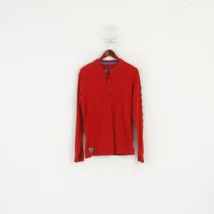 Diesel Men L Long Sleeved Shirt Red Cotton Button Neck Emroidered Sleeve Top