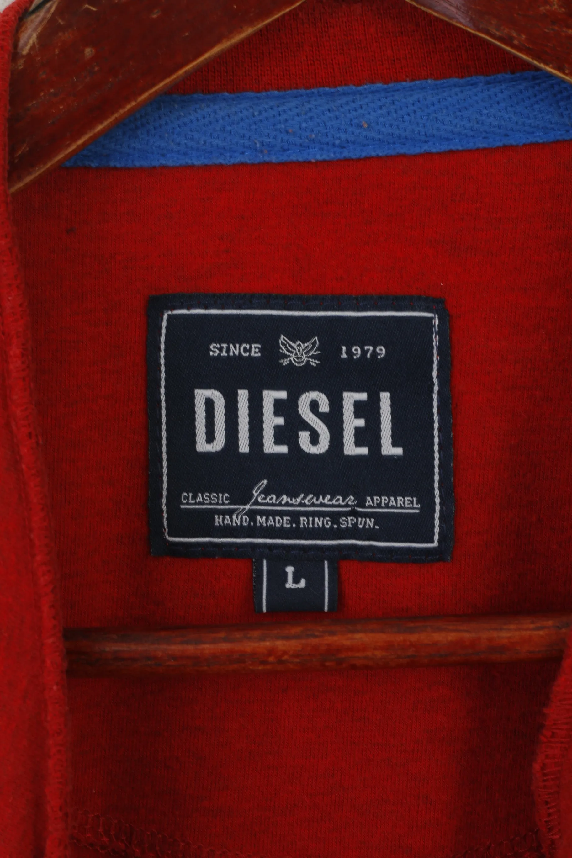 Diesel Men L Long Sleeved Shirt Red Cotton Button Neck Emroidered Sleeve Top