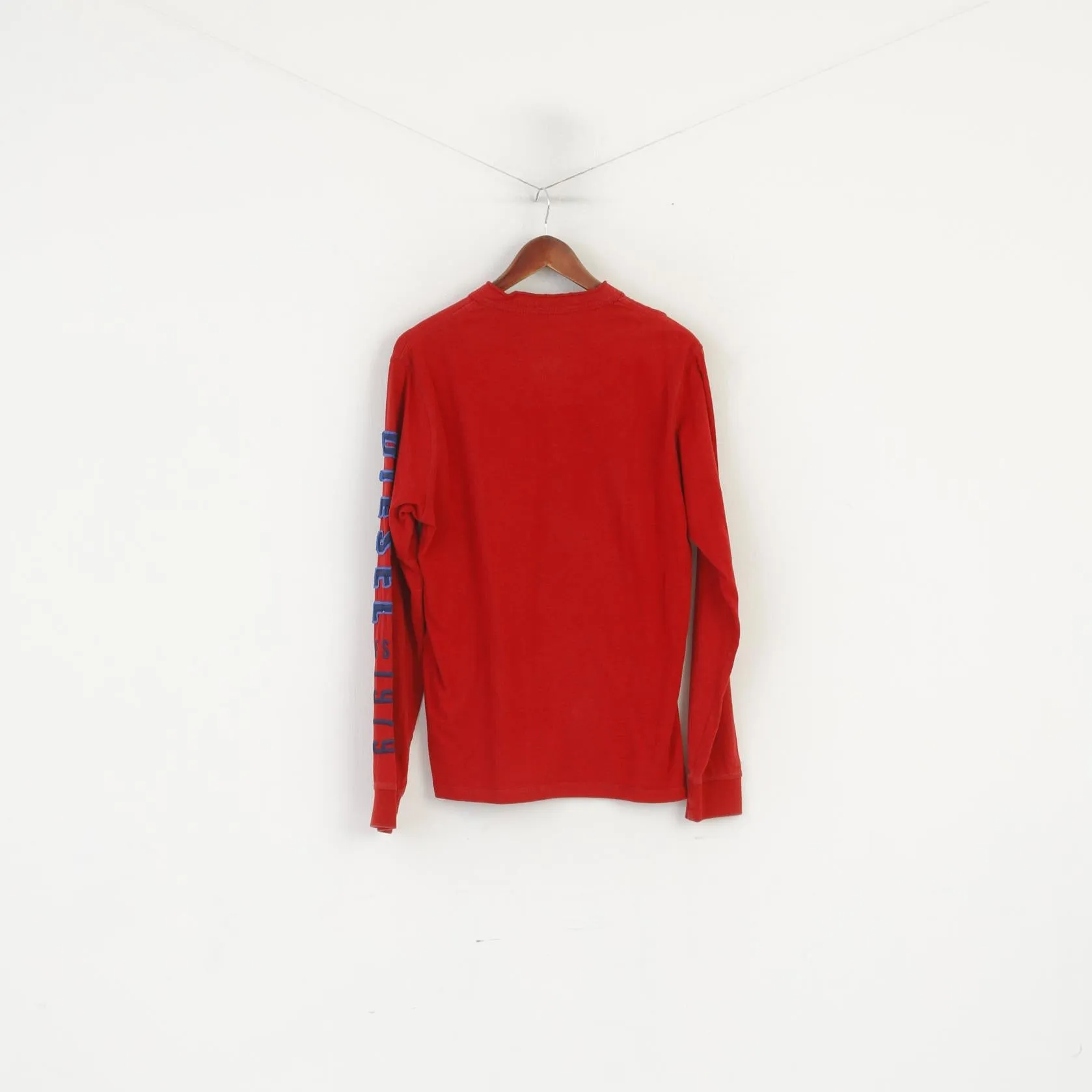 Diesel Men L Long Sleeved Shirt Red Cotton Button Neck Emroidered Sleeve Top