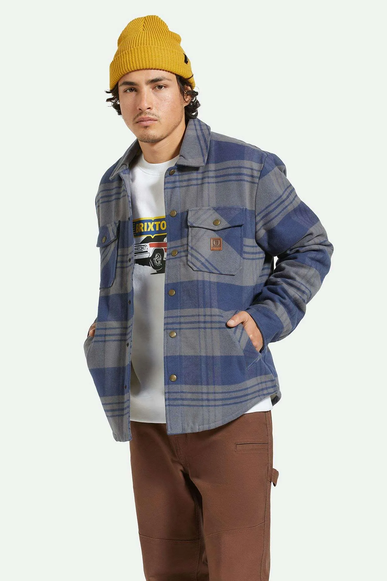Durham Sherpa Lined Jacket - Washed Navy/Beige Plaid Brixton