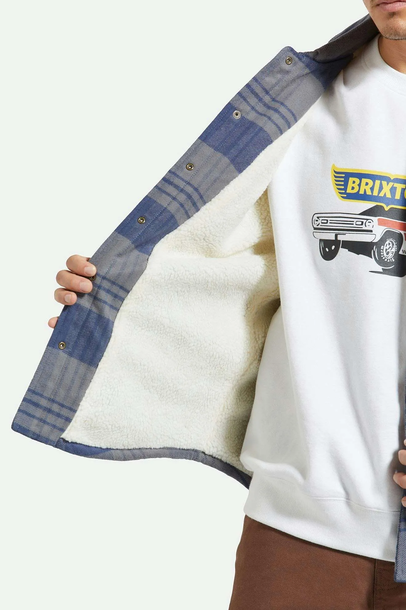 Durham Sherpa Lined Jacket - Washed Navy/Beige Plaid Brixton