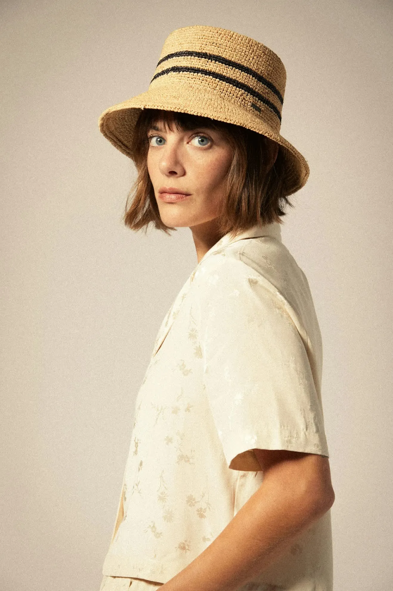 Ellee Straw Bucket Hat - Tan/Black Brixton