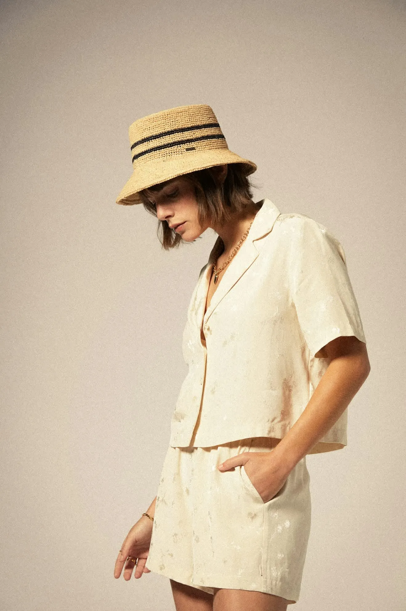 Ellee Straw Bucket Hat - Tan/Black Brixton