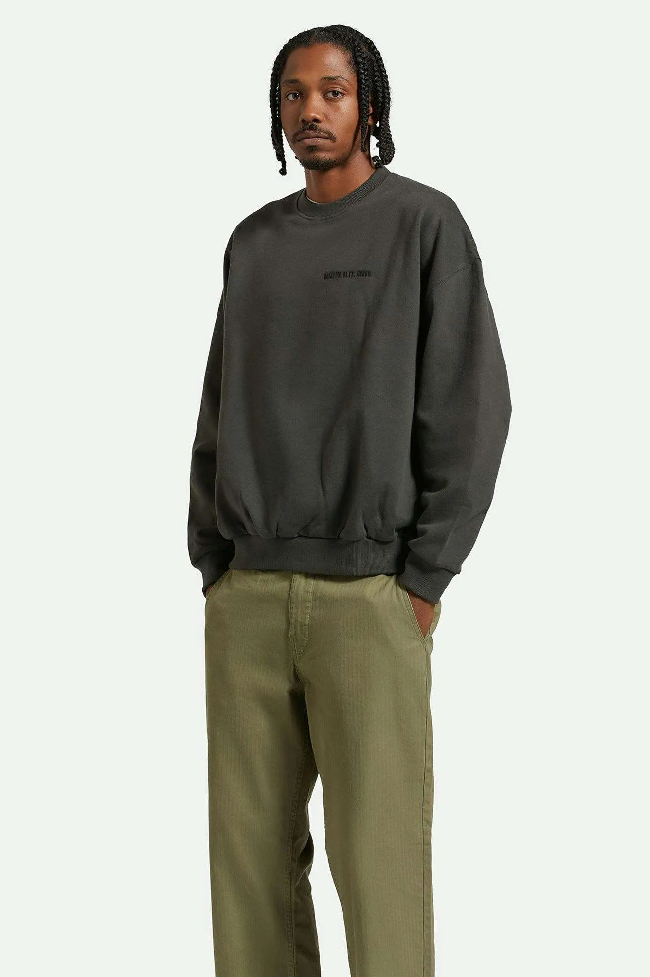 Embroidered Heavyweight Oversized Crew - Washed Black Brixton