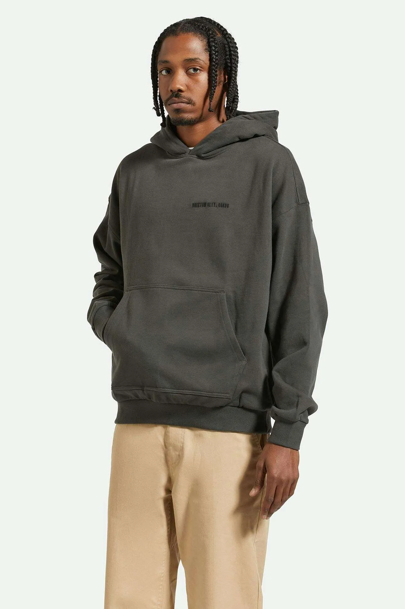 Embroidered Heavyweight Oversized Hoodie - Washed Black Brixton