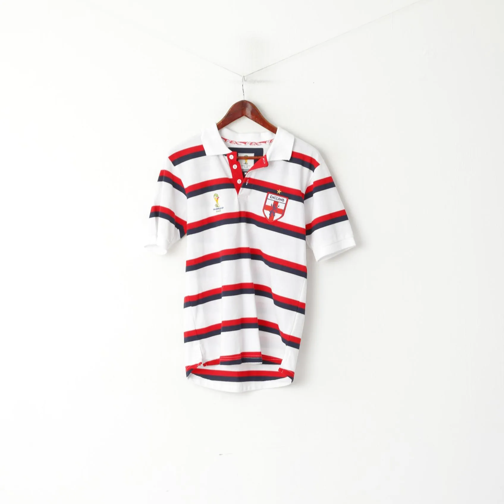 Fifa World Cup Brasil 2014 Men M Polo Shirt White Cotton Striped Sport Handball Top