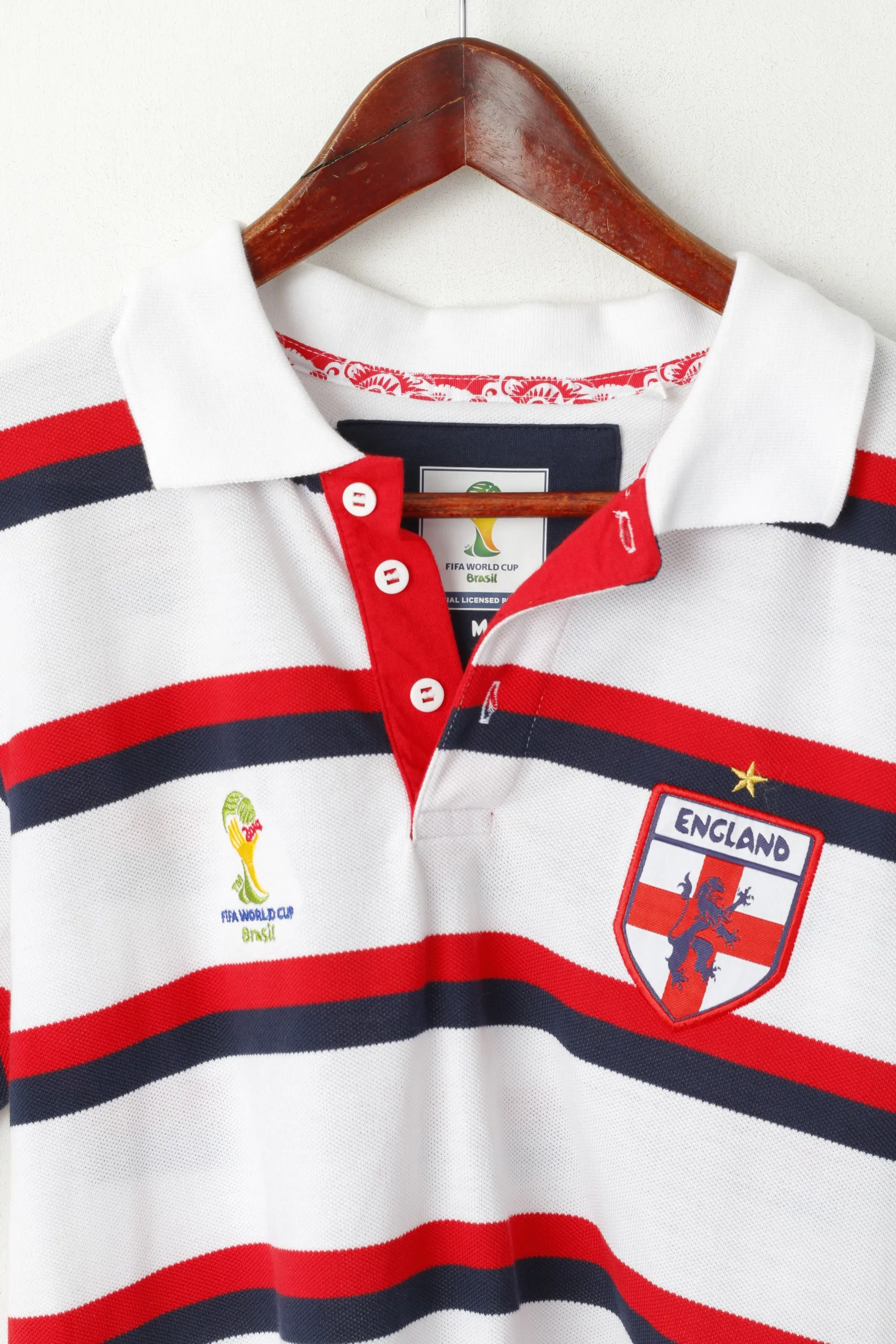 Fifa World Cup Brasil 2014 Men M Polo Shirt White Cotton Striped Sport Handball Top