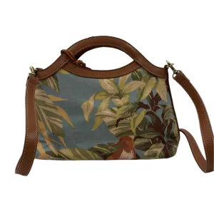 FOSSIL Blue & MultiColor Bird Print Purse w/Leather Trim & Crossbody