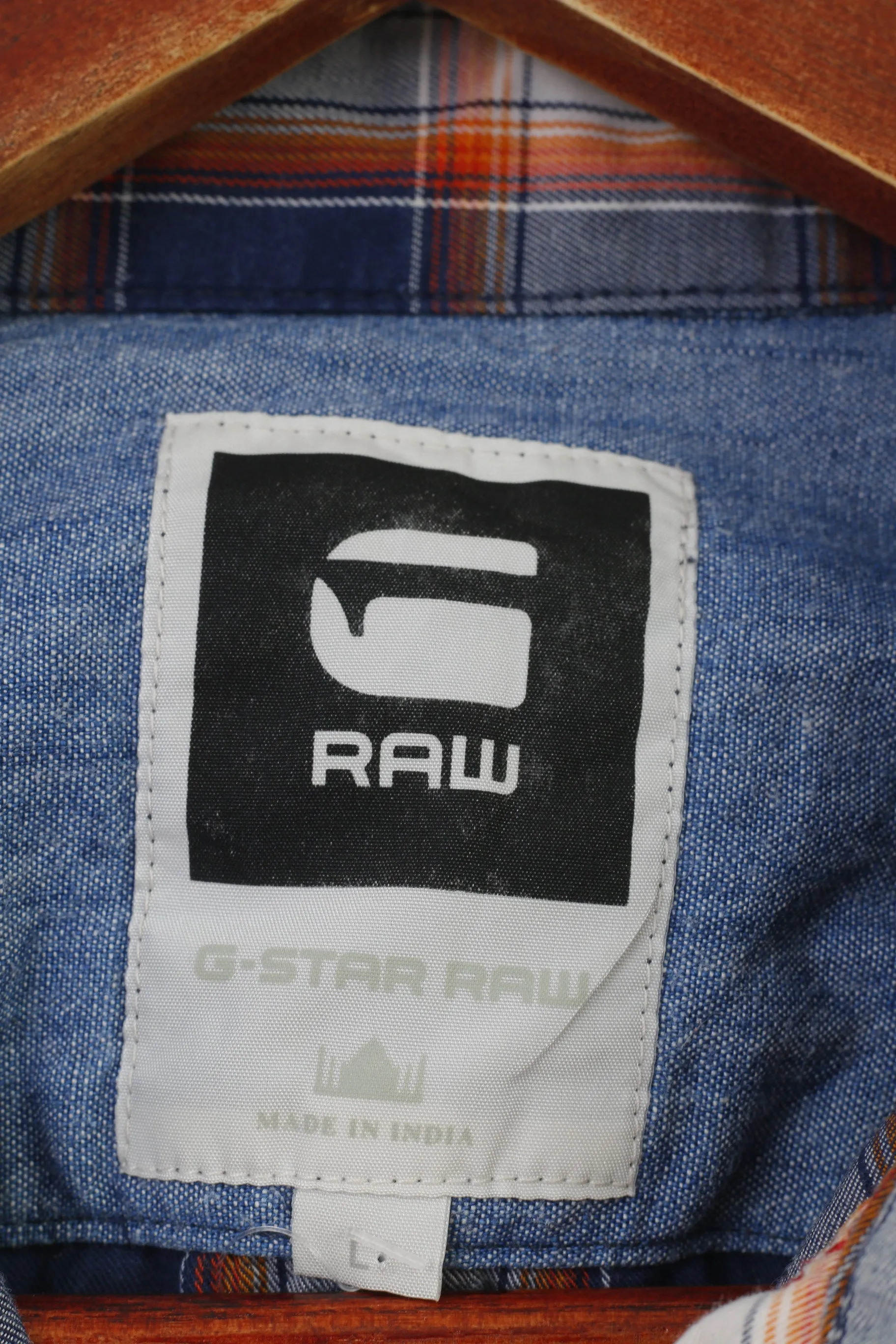 G-Star Raw Men L Casual Shirt Short Sleeve Checkered Navy Cotton Collar Top