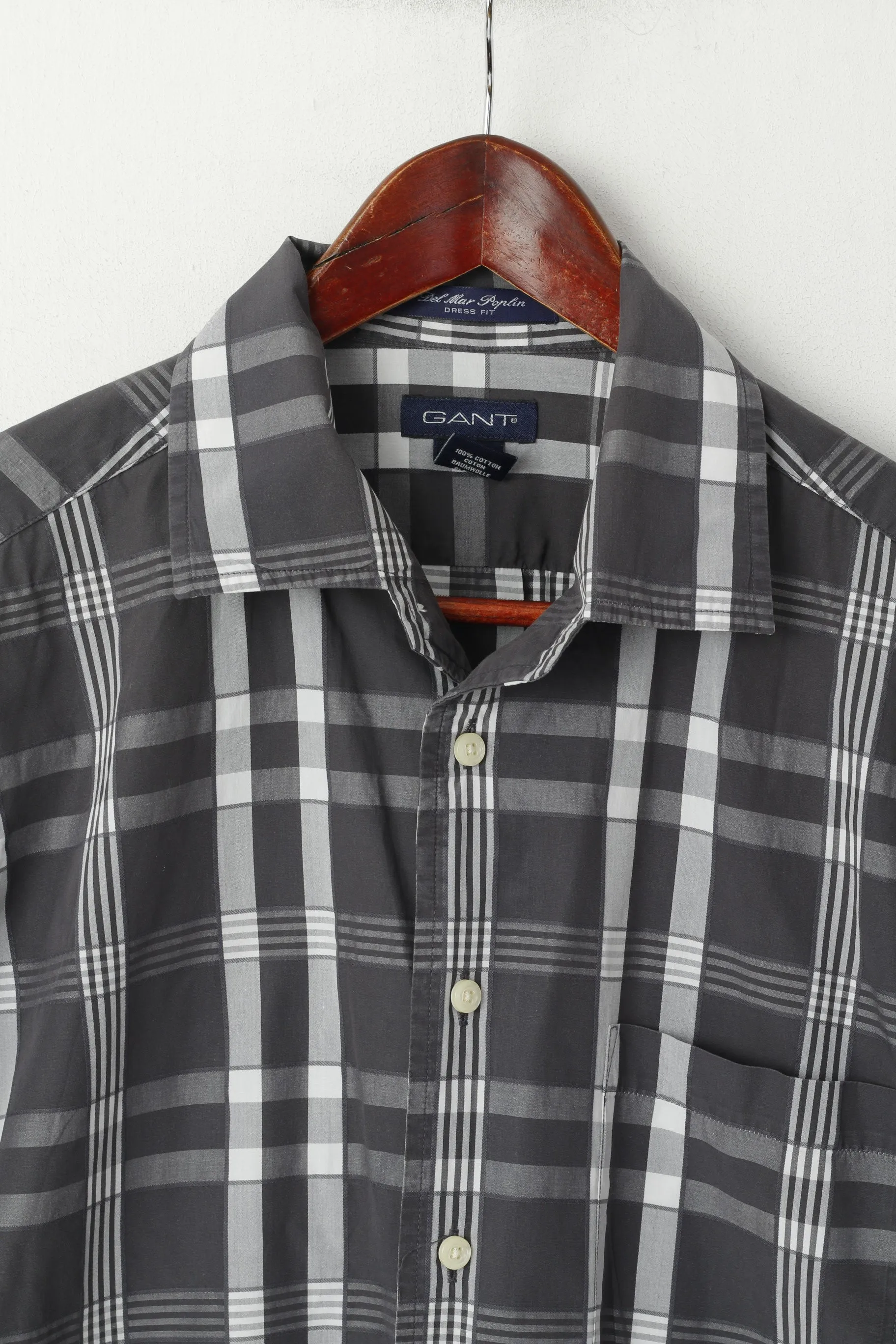 GANT Men L Casual Shirt Gray Check Cotton Del Mar Poplin Dress Fit Long Sleeve Top