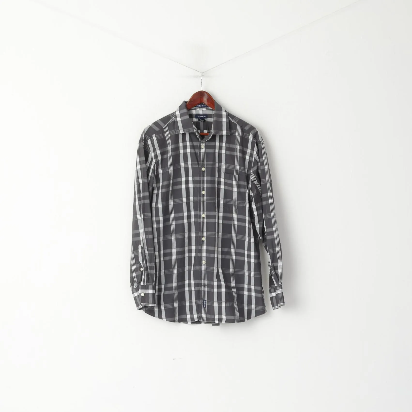 GANT Men L Casual Shirt Gray Check Cotton Del Mar Poplin Dress Fit Long Sleeve Top