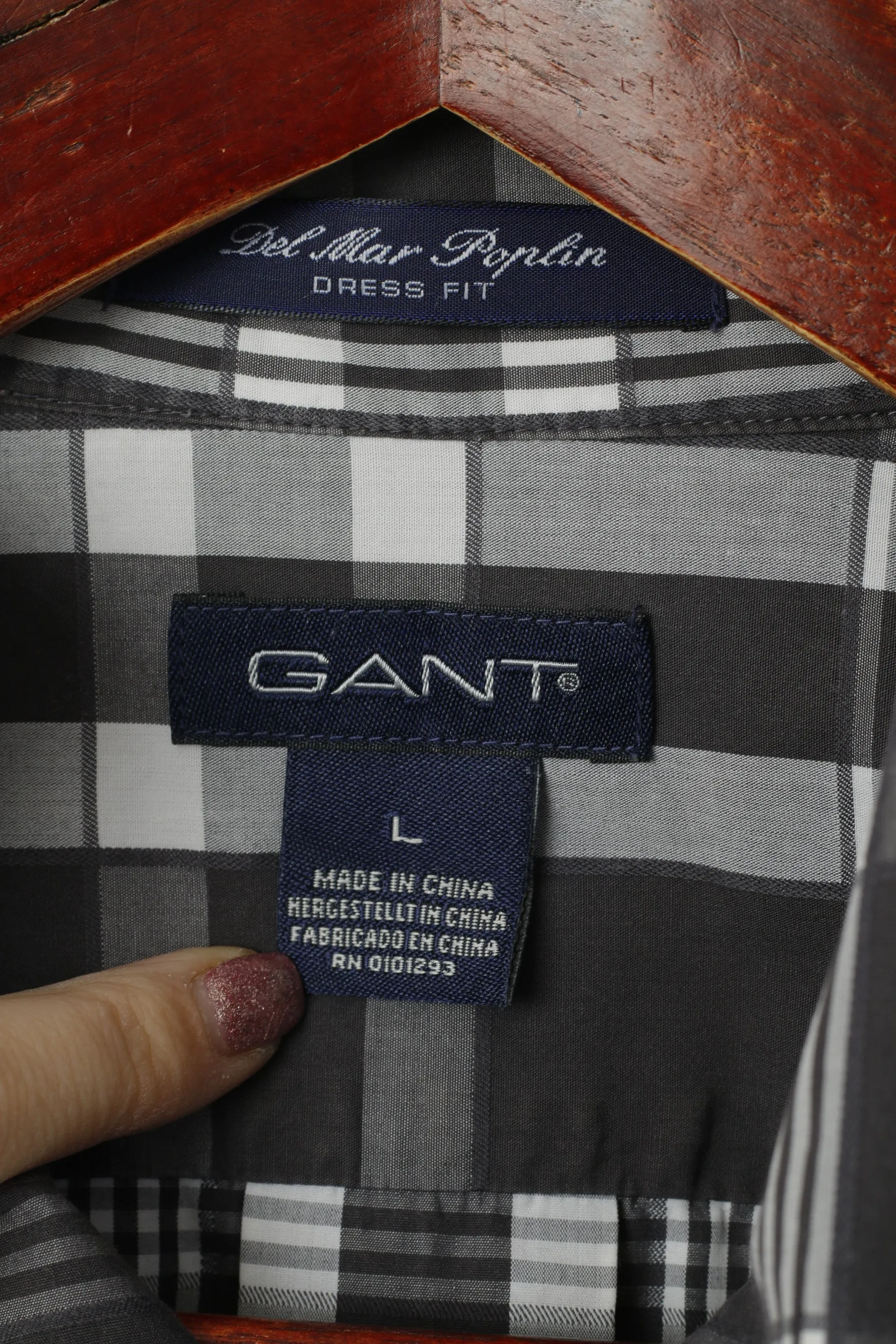GANT Men L Casual Shirt Gray Check Cotton Del Mar Poplin Dress Fit Long Sleeve Top