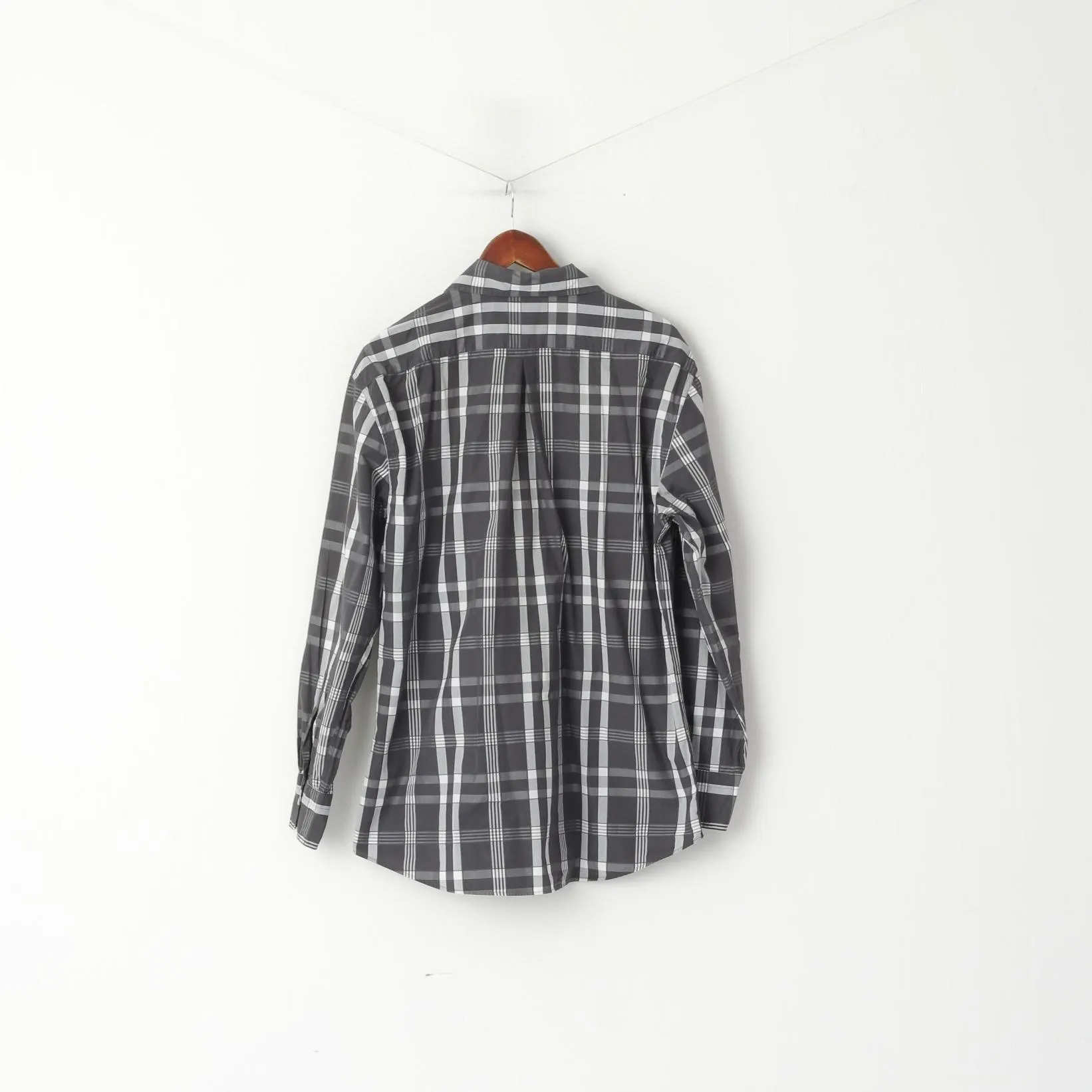 GANT Men L Casual Shirt Gray Check Cotton Del Mar Poplin Dress Fit Long Sleeve Top