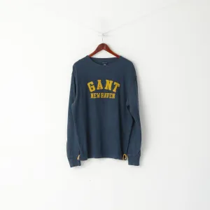 GANT Men XL Long Sleeved Shirt Navy Cotton New Haven Emroidered Crew Neck Top