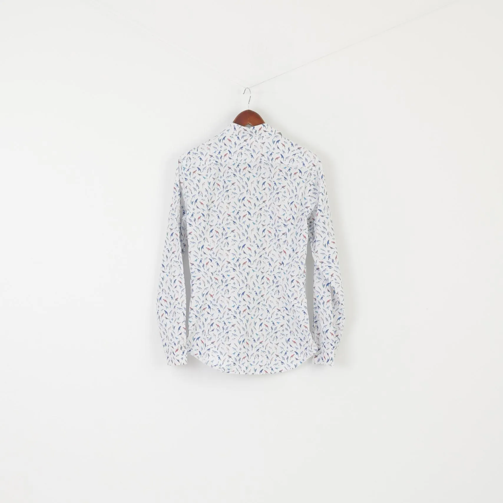 Giacomo Conti Men S Casual Shirt White Cotton Slim Fit Birds Printed Long Sleeve Top