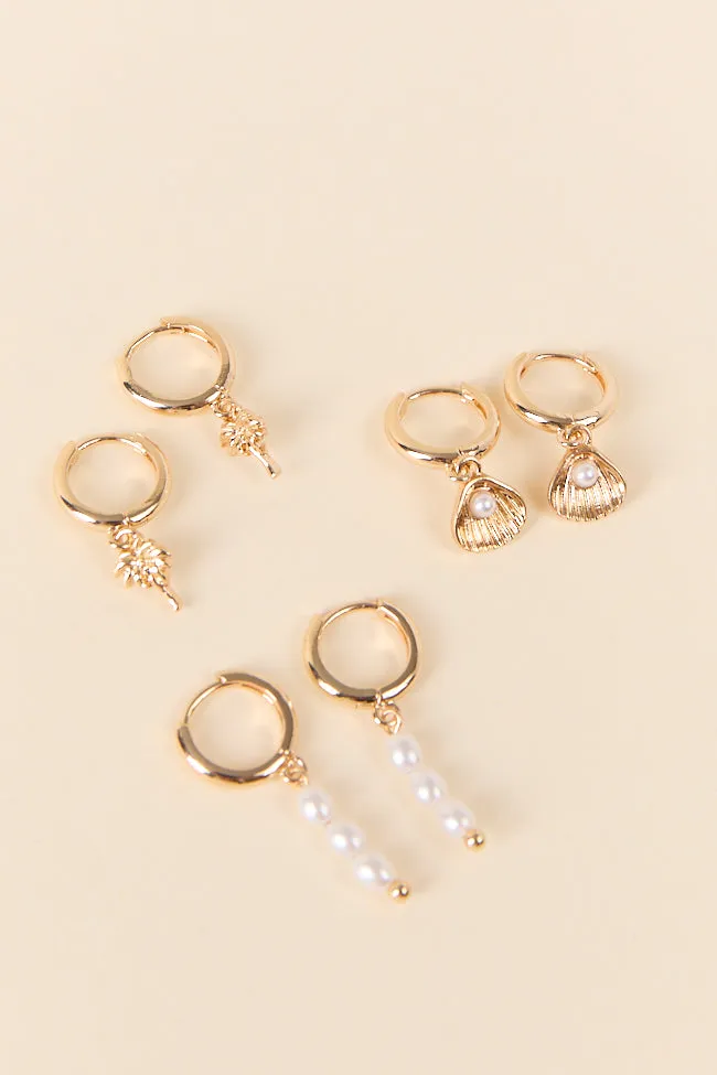 Gold Sea Life Pearl Trio Earring Set