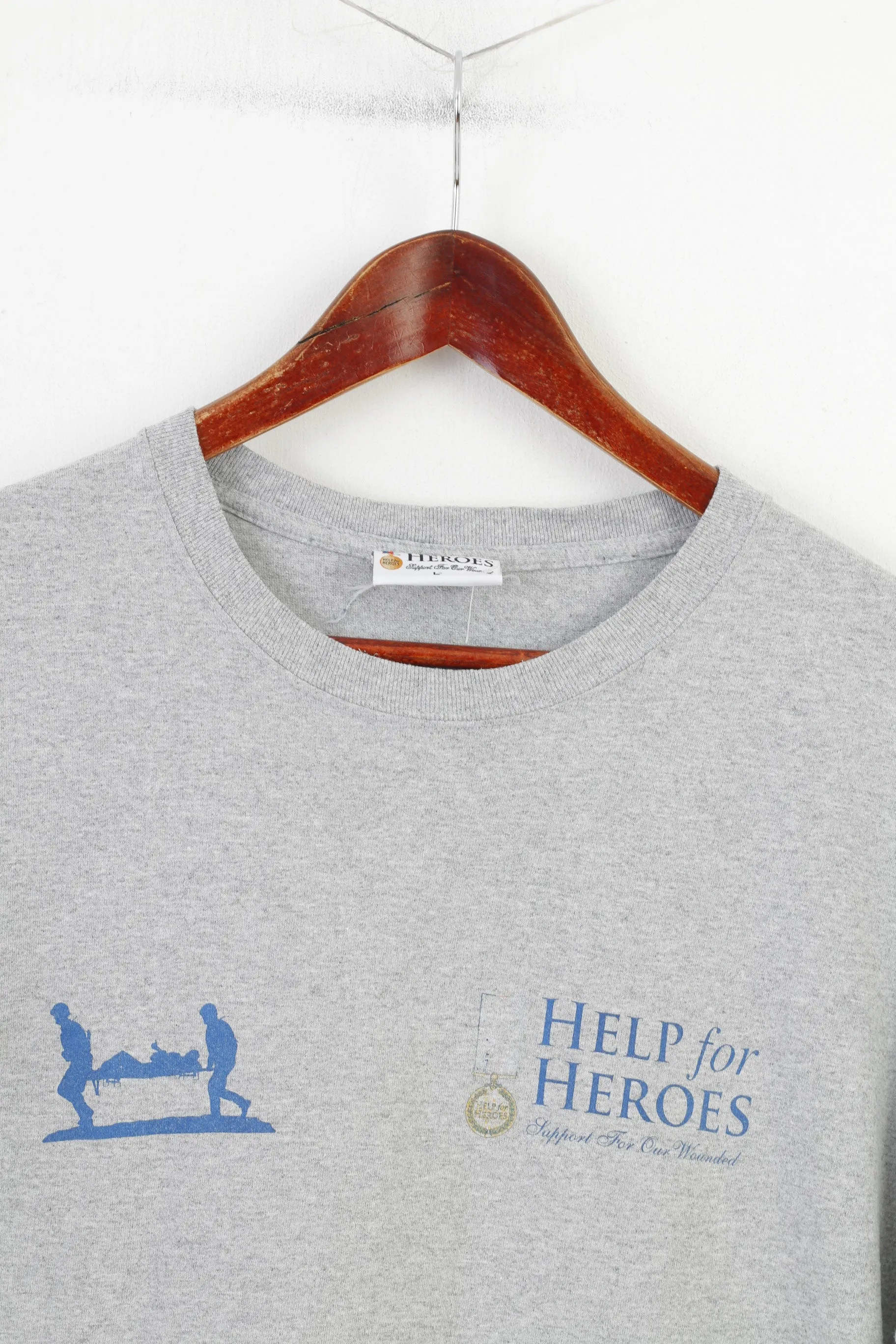 Help For Heroes Men L T-Shirt Gray Cotton Graphic Military Crew Neck Vintage  Top