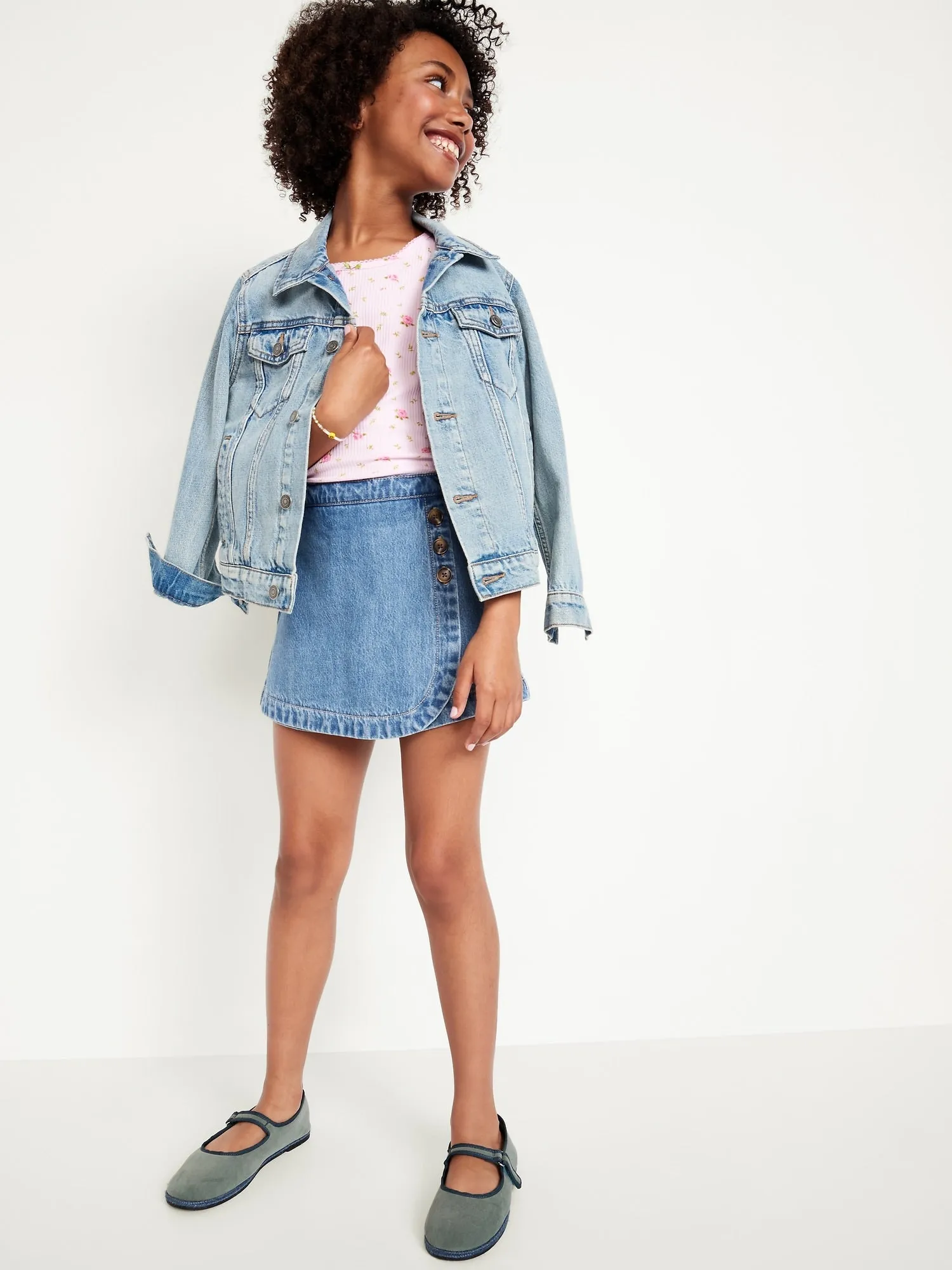 High-Waisted Wrap-Front Jean Skort for Girls