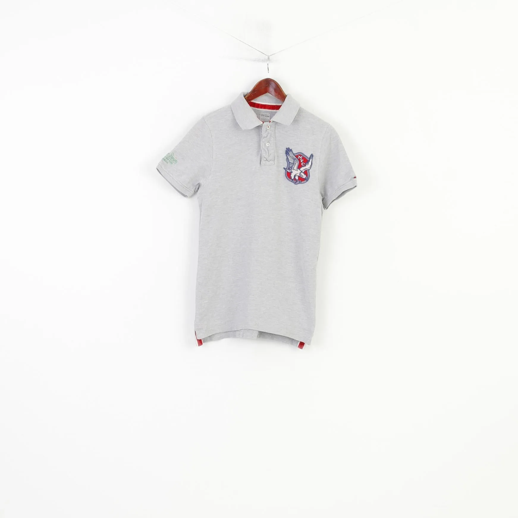 Hilfiger Denim Men M XS Polo Shirt Grey Cotton NYC Slim Fit Vintage Short Sleeve Top