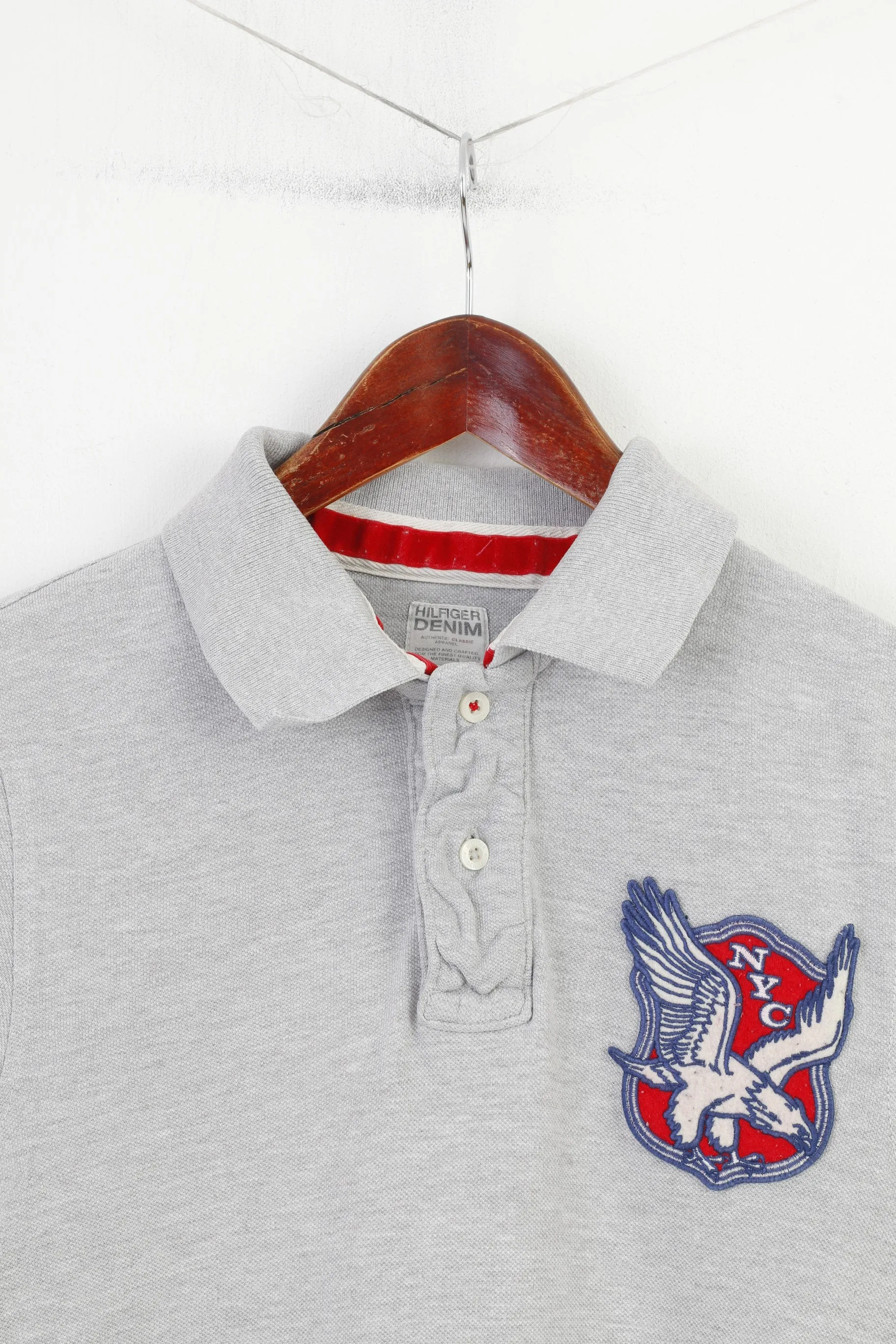 Hilfiger Denim Men M XS Polo Shirt Grey Cotton NYC Slim Fit Vintage Short Sleeve Top