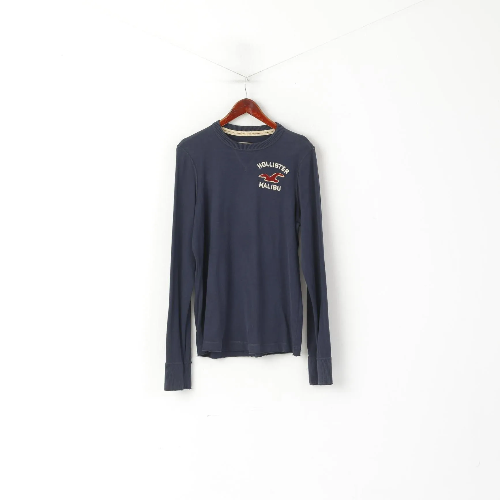 Hollister California Men L Long Sleeved Shirt Navy Cotton Stretch Malibu Top