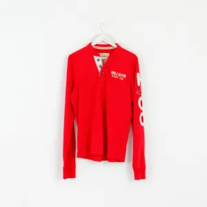 Hollister Men L Long Sleeved Shirt Red Cotton Emroidered Sleeve Casual Top