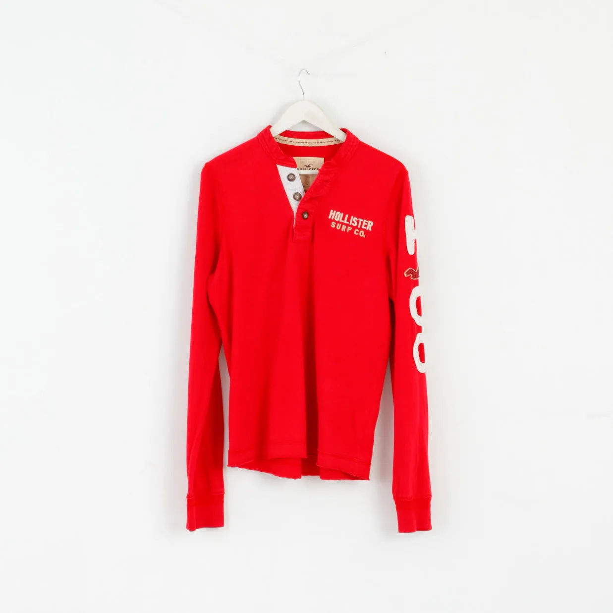 Hollister Men L Long Sleeved Shirt Red Cotton Emroidered Sleeve Casual Top