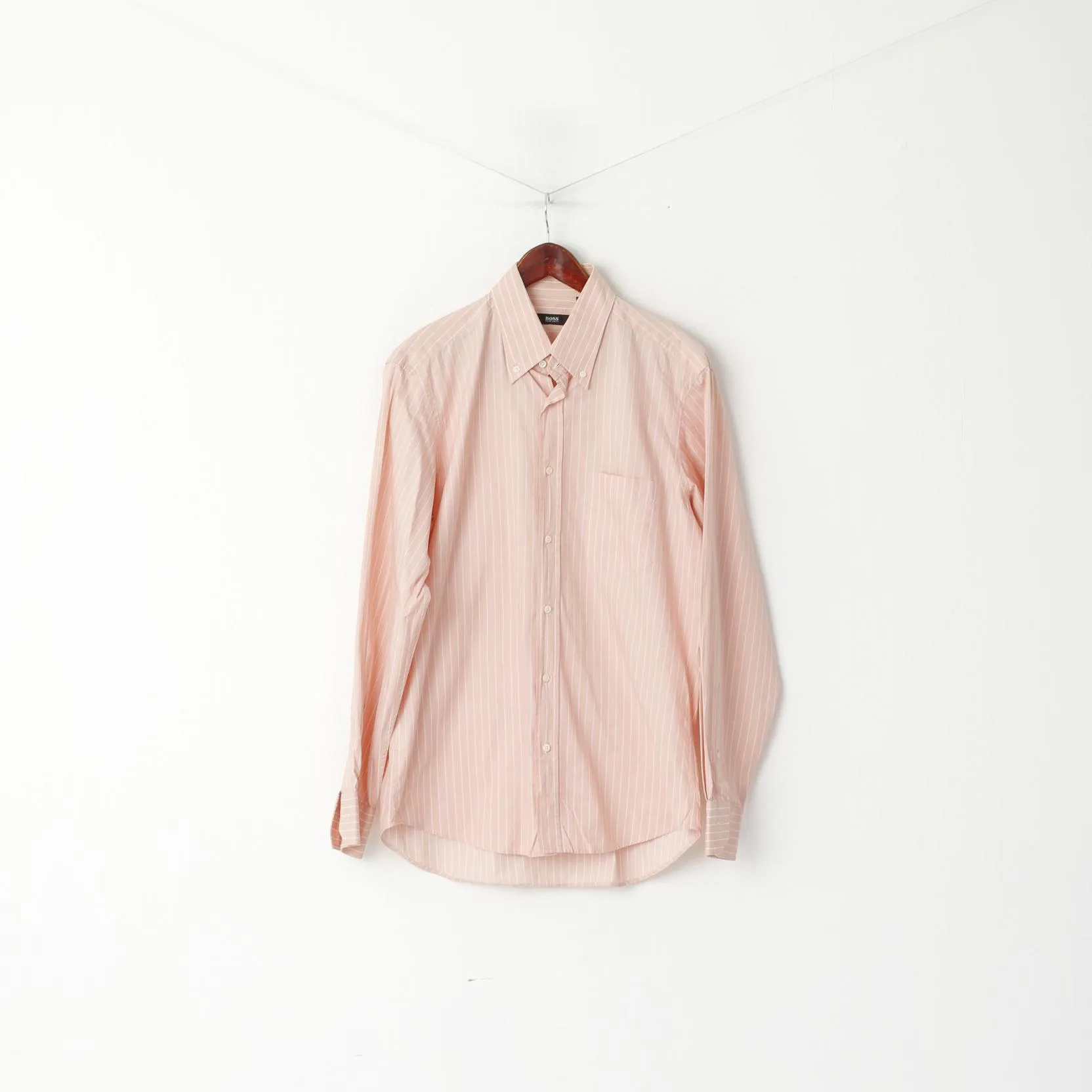 Hugo Boss Men 40 15.5 L Casual Shirt Light Pink Striped Cotton Long Sleeve Top