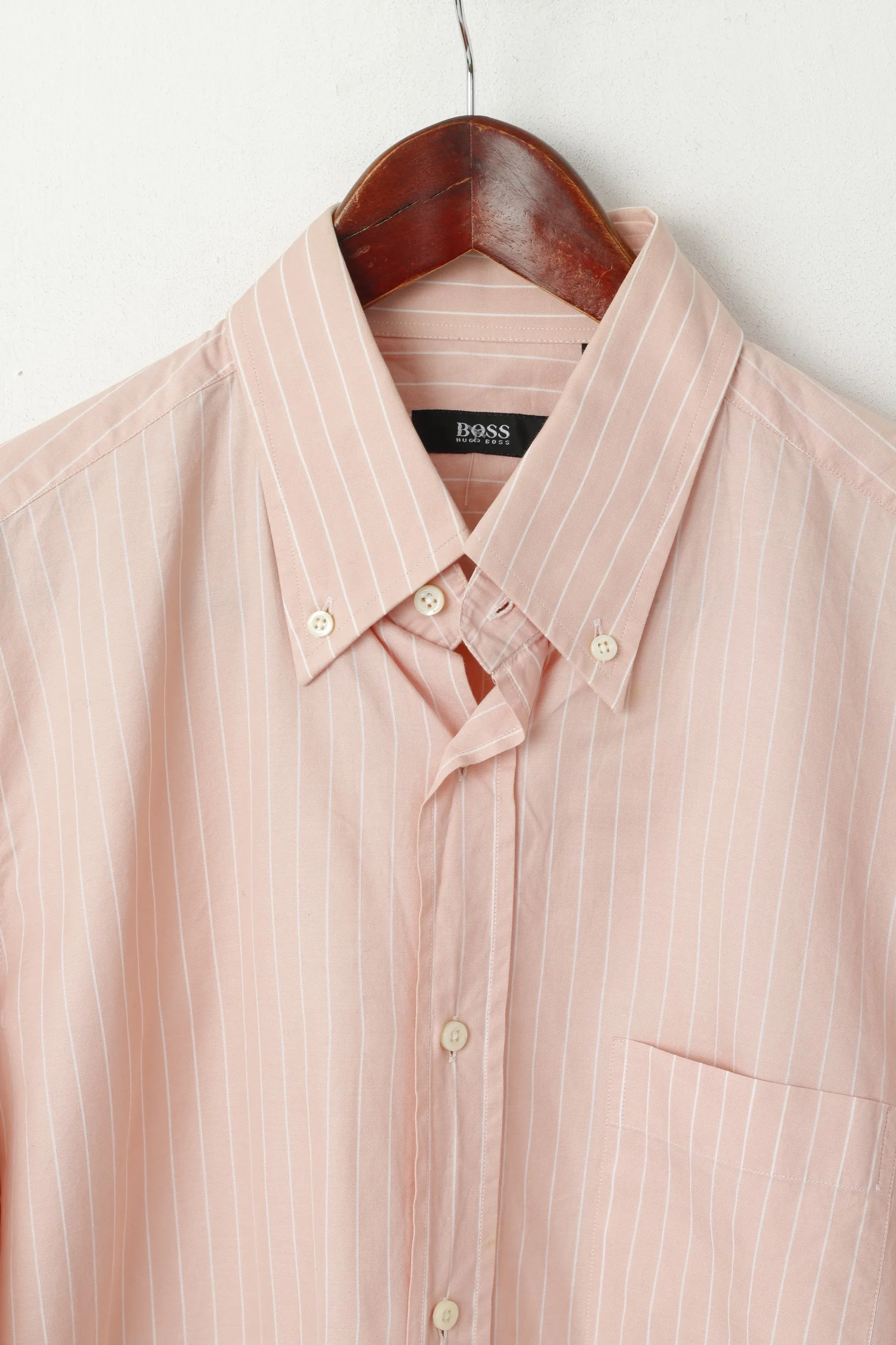 Hugo Boss Men 40 15.5 L Casual Shirt Light Pink Striped Cotton Long Sleeve Top