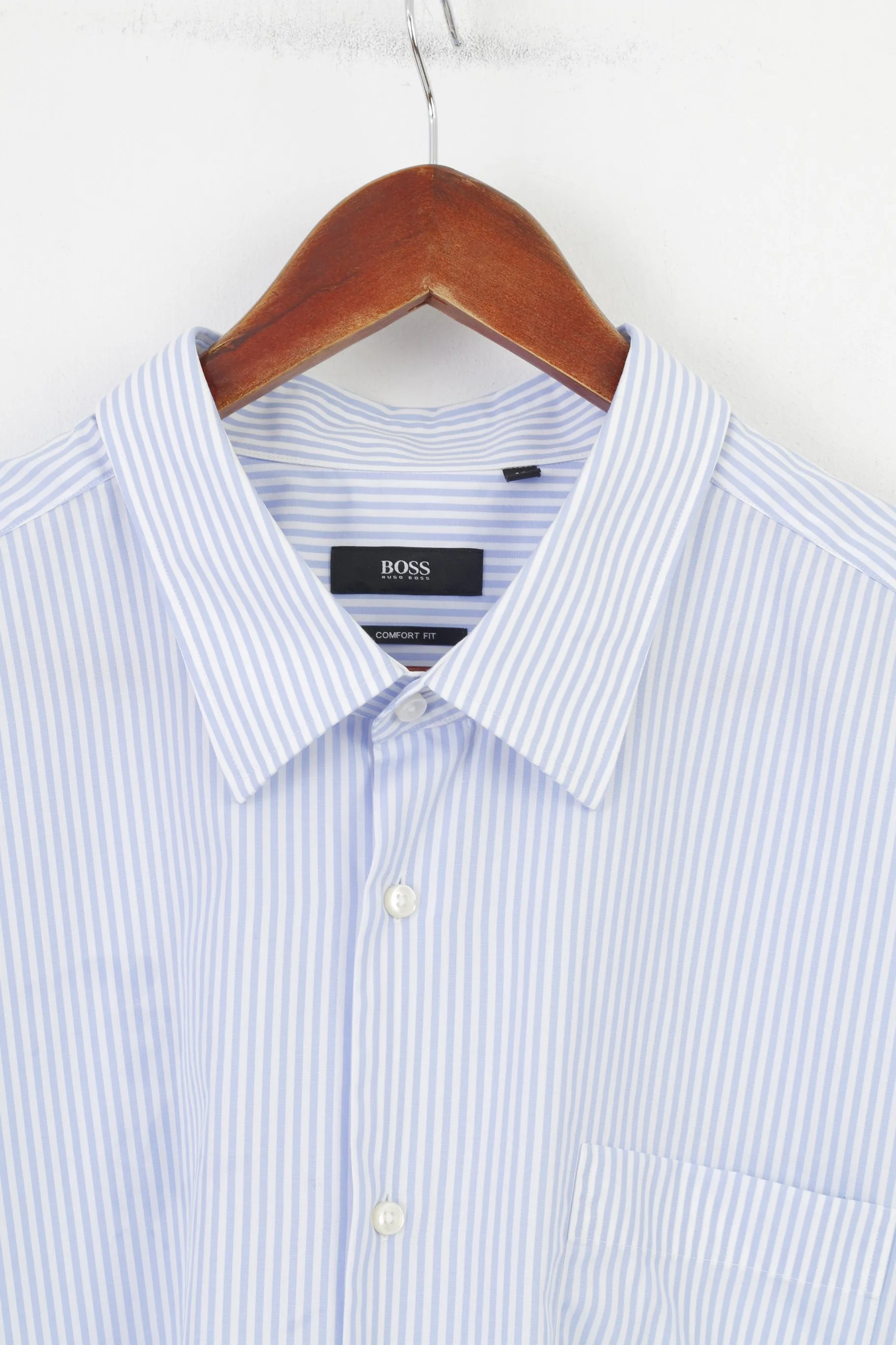Hugo Boss Men 49 19 1/2 Casual Shirt Striped Blue Long Sleeve Fit Cotton Top