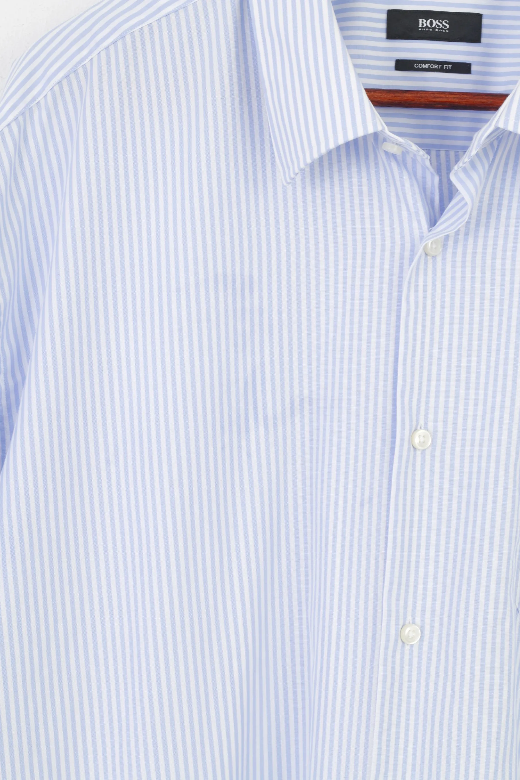 Hugo Boss Men 49 19 1/2 Casual Shirt Striped Blue Long Sleeve Fit Cotton Top