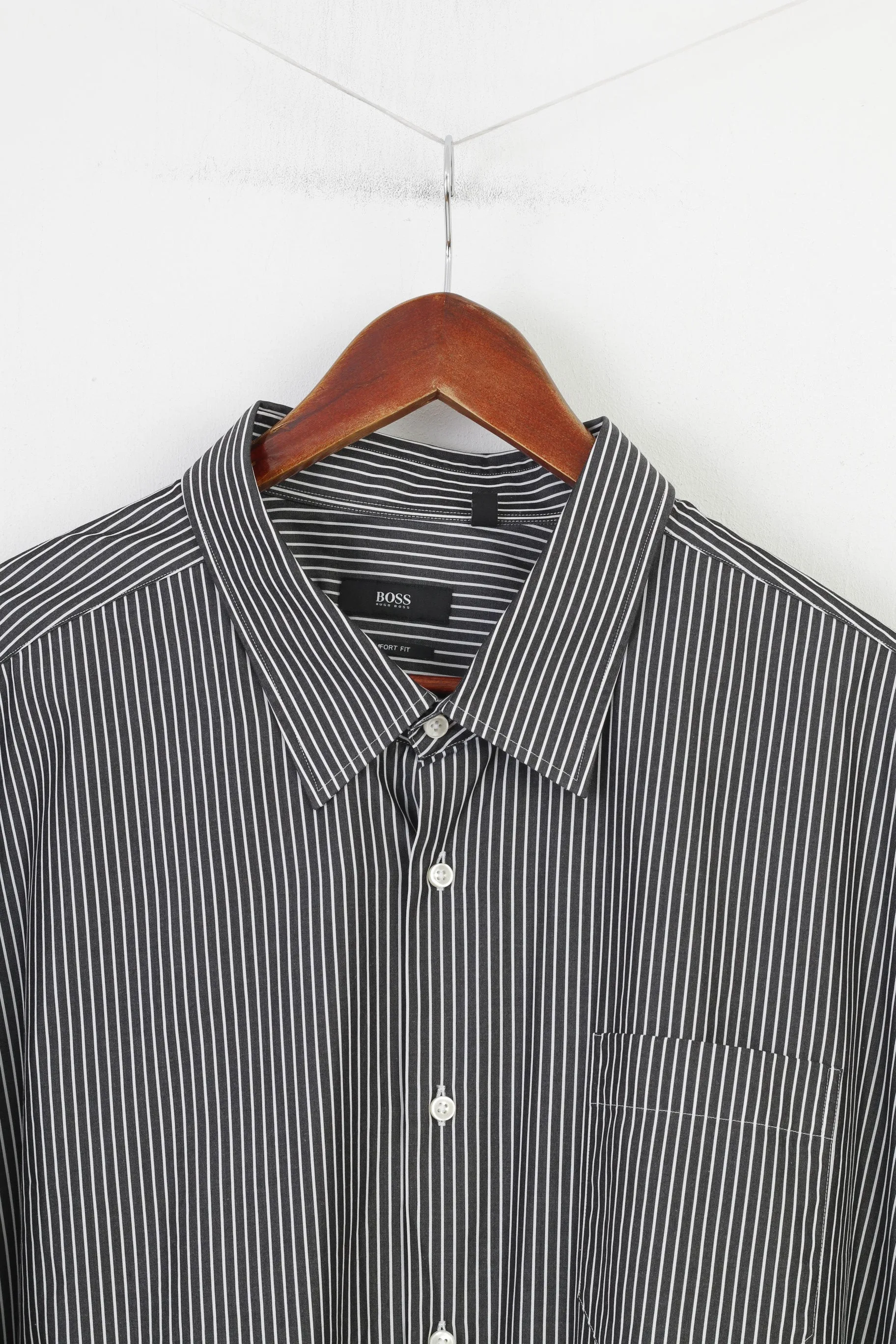 Hugo Boss Men 50 19 3/4 3XL Casual Shirt Black Cotton Striped Long Sleeve Classic Top
