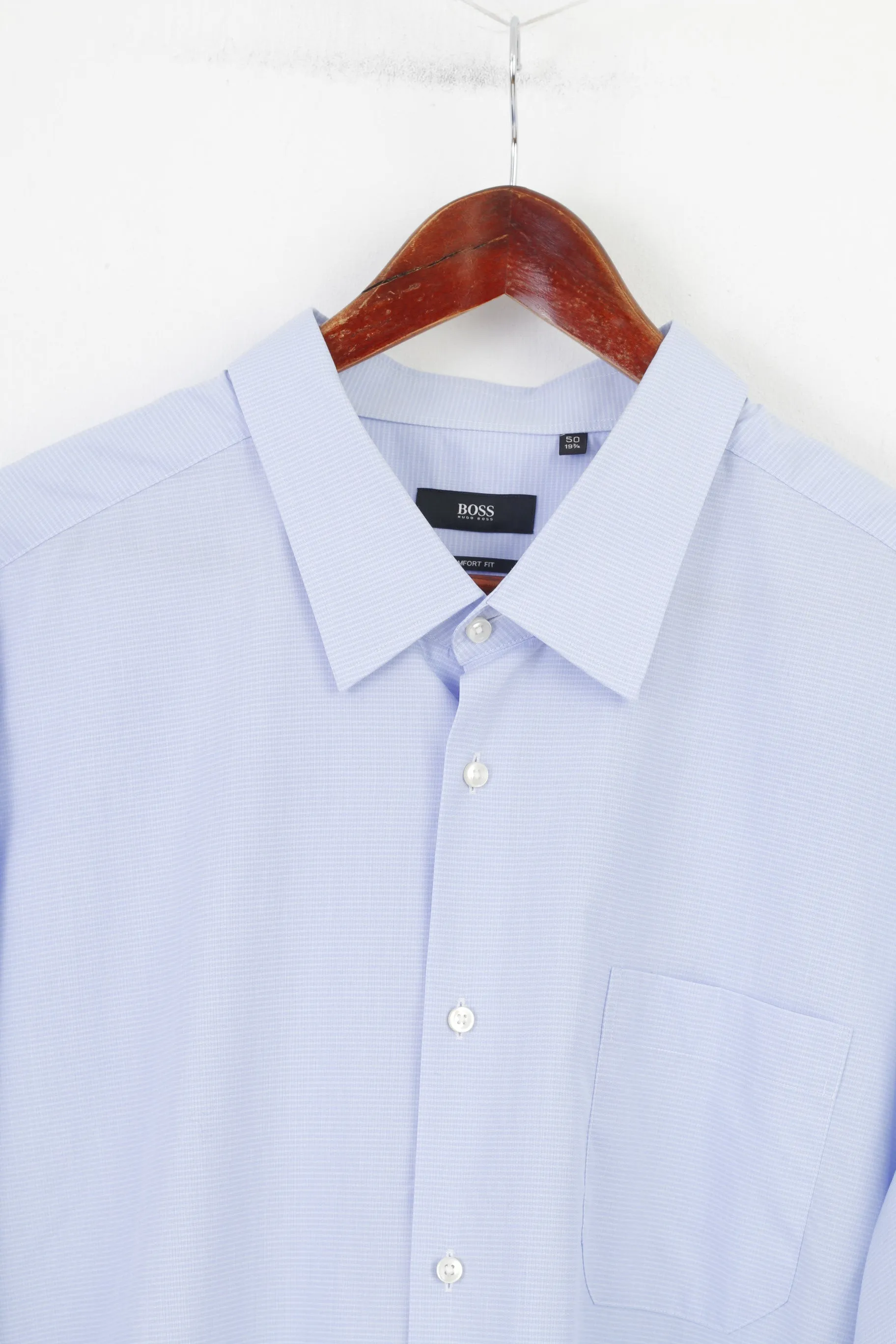 Hugo Boss Men 50 19 3/4 3XL Casual Shirt Blue Collar Elegant Fit Long Sleeve Cotton Classic Top