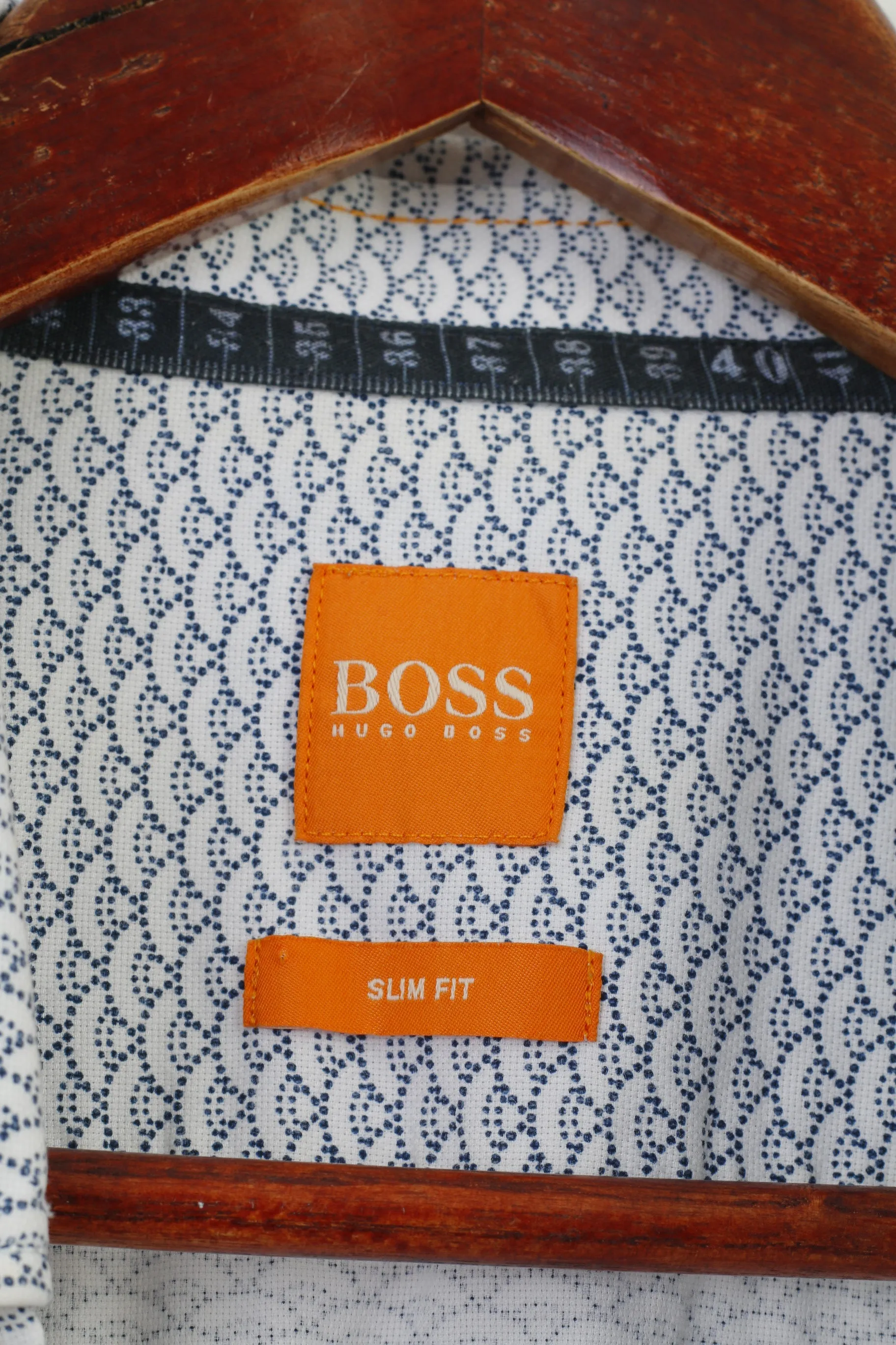 Hugo Boss Men L Casual Shirt White Blue Cotton Printed Long Sleeve Slim Fit Geometric Top