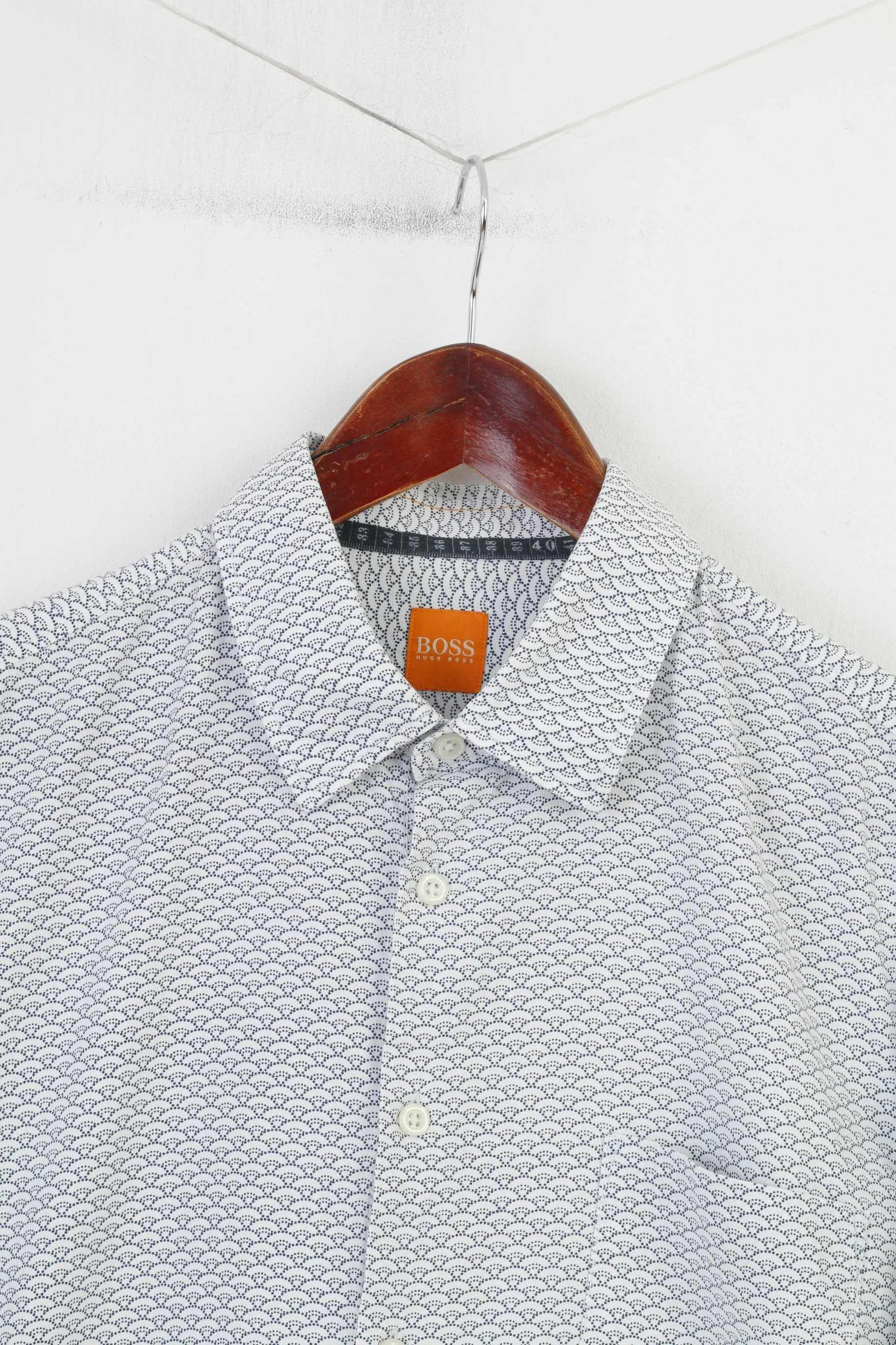 Hugo Boss Men L Casual Shirt White Blue Cotton Printed Long Sleeve Slim Fit Geometric Top