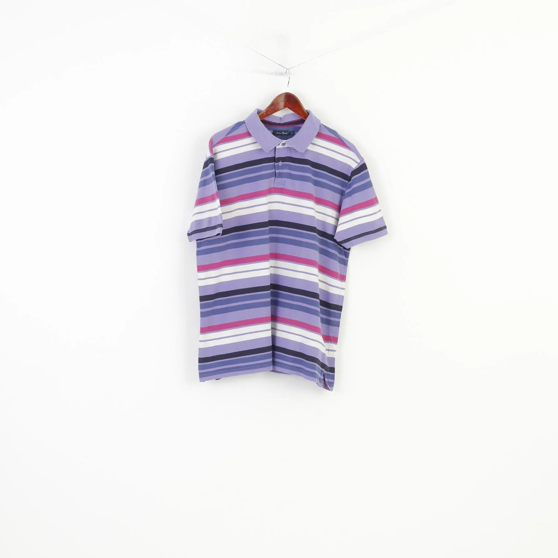 James Pringle Men XL Polo Shirt Purple Striped Cotton Classic Collar Short Sleeve Top
